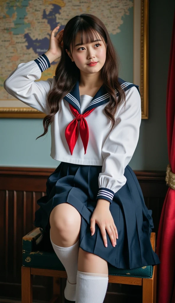 1girl,,beautiful japanese ********** girl,big bust size,sailor uniform,pleated skirt,thigh high white socks,detailed scenery,ornate background,(best quality,4k,8k,highres,masterpiece:1.2),ultra-detailed,(realistic,photorealistic,photo-realistic:1.37),intricate details,vibrant colors,dramatic lighting,cinematic composition,stunning portrait