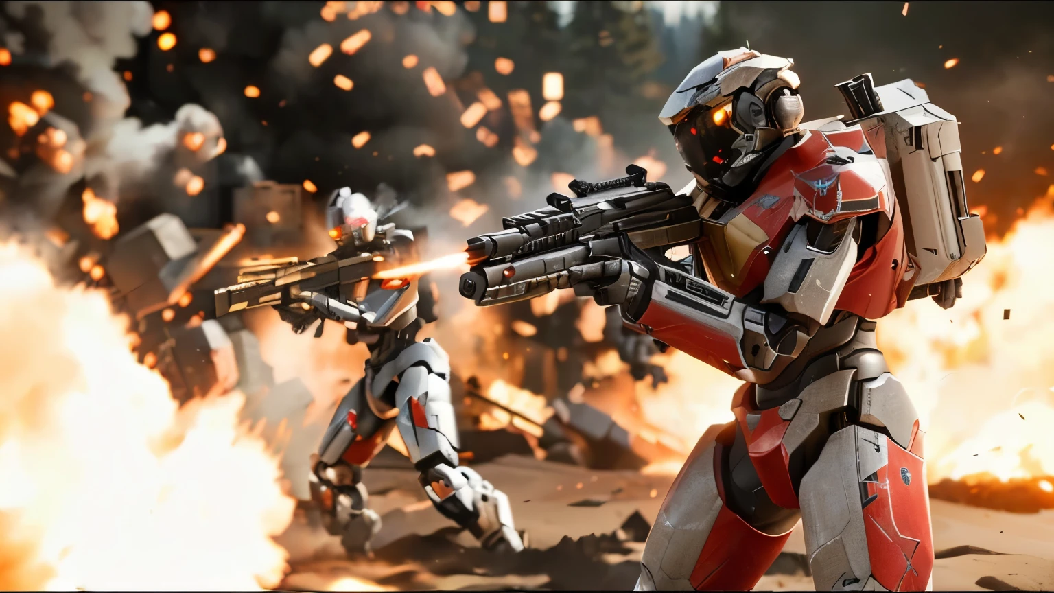 a close up of a robot with a gun in front of a fire, soldiers and mech fight, hd 4k game screenshot, video game screenshot>, ( ( unreal engine ) ), fps shooter game, unreal engine', unreal 6 breathtaking detailed, unreal engine screenshot, mech machines firing bullets, gameplay footage, high quality screenshot, HYPER REALISTIC IMAGE