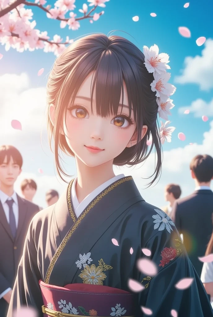 (masterpiece, best quality :1.2),ultra-realistic photo, Japanese coming-of-age ceremony pictures 、a Japanese woman\(18years old,Wearing a luxurious black kimono,Formal Kimono,her hair up, Luxurious Hair Ornaments), gentle smile ,focus on her face,Soft sunlight 、backgroundぼかし、background\(Cherry blossom petal rain,blue sky, formally dressed people ),Canon, fresh and happy atmosphere、Reflection of light