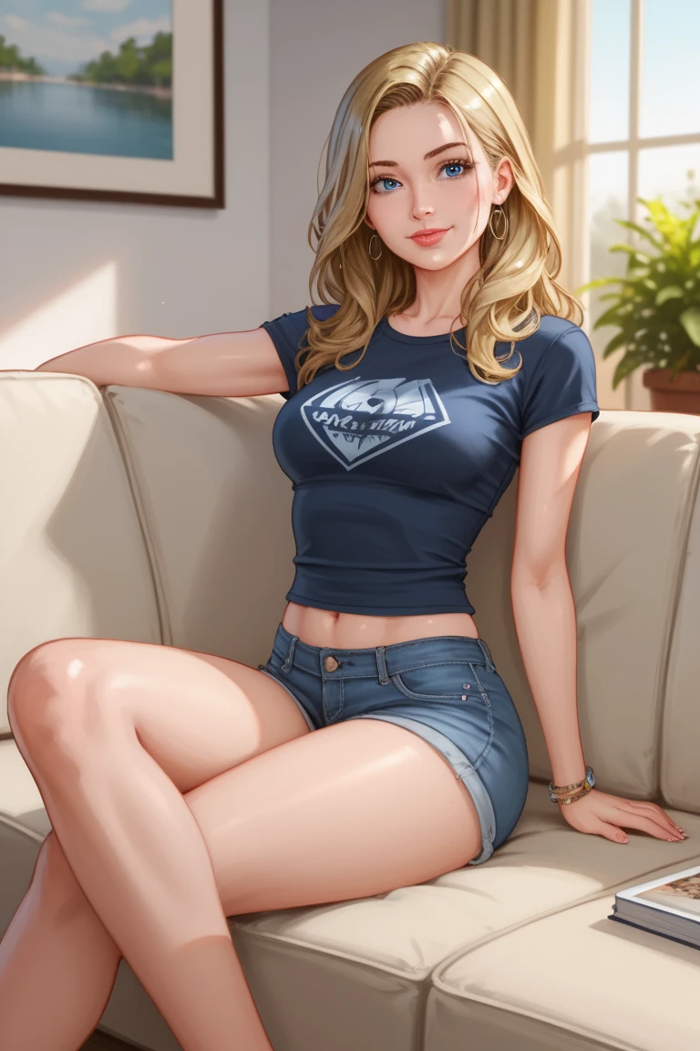 1 normal girl, 4k, HDR,  long hair, ultra cute face, beautiful lights and shadows, ultra detailed, 1girl, Solo, Breasts, Detailed Blue Eyes, Accurate, Casual outfit, Tshirt and jeans, Sitting on couch, Casual 80s living room background, DC Comics, Accurate, Anatomically Correct, Detail, High Quality, Detailed Face, High Resolution, 80s sitcom, Rachel Green, Jennifer Aniston