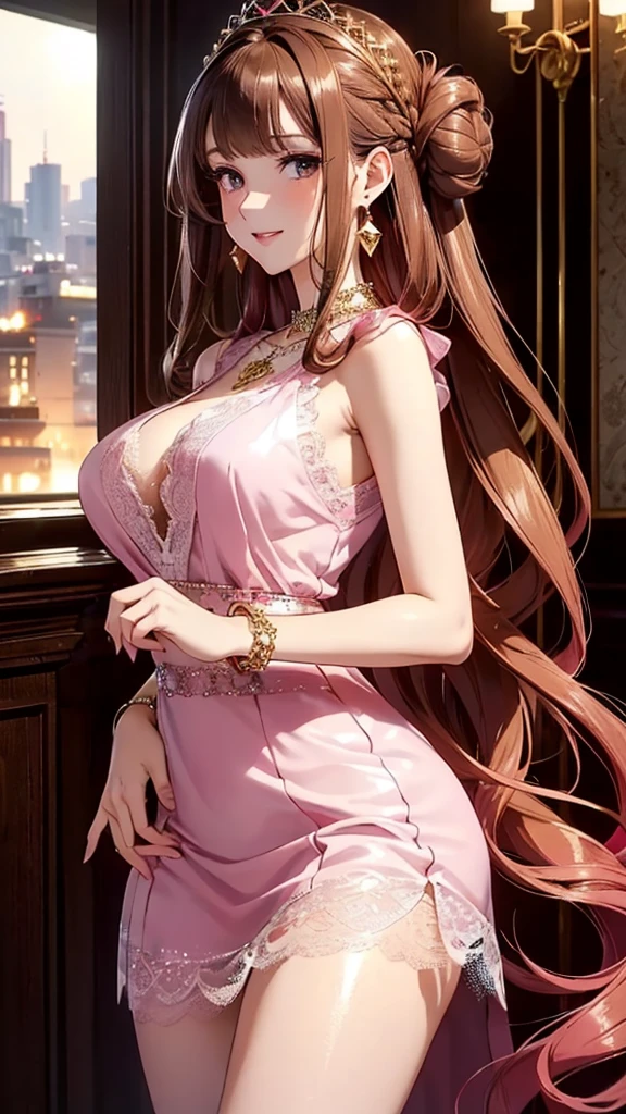 Masterpiece, Ultra High Quality, Ultra HD Quality, The most beautiful woman in history, Anime, Slender body, (very large breasts), Tall, Small face, Well-proportioned figure, Beautiful white skin, (Shiny brown hair: 1.2), ((Updo: 1.3))), (Bangs straight across), (Beautiful shining eyes), (Clear brown eyes), ((Shiny highlights: 1.3))), Long eyelashes, Pink lips, Beautiful and precise and delicate hand and finger creation, Divine smile, ((Beautiful cocktail dress))), ((dark pink lace dress))), ((Luxurious dress))), (Red rose hair accessory: 1.2), (Large earrings, Luxurious necklace, bangle, ring), Upper body, Beautiful standing posture like a fashion model, (Penthouse luxury bar and night view of buildings in the background)
