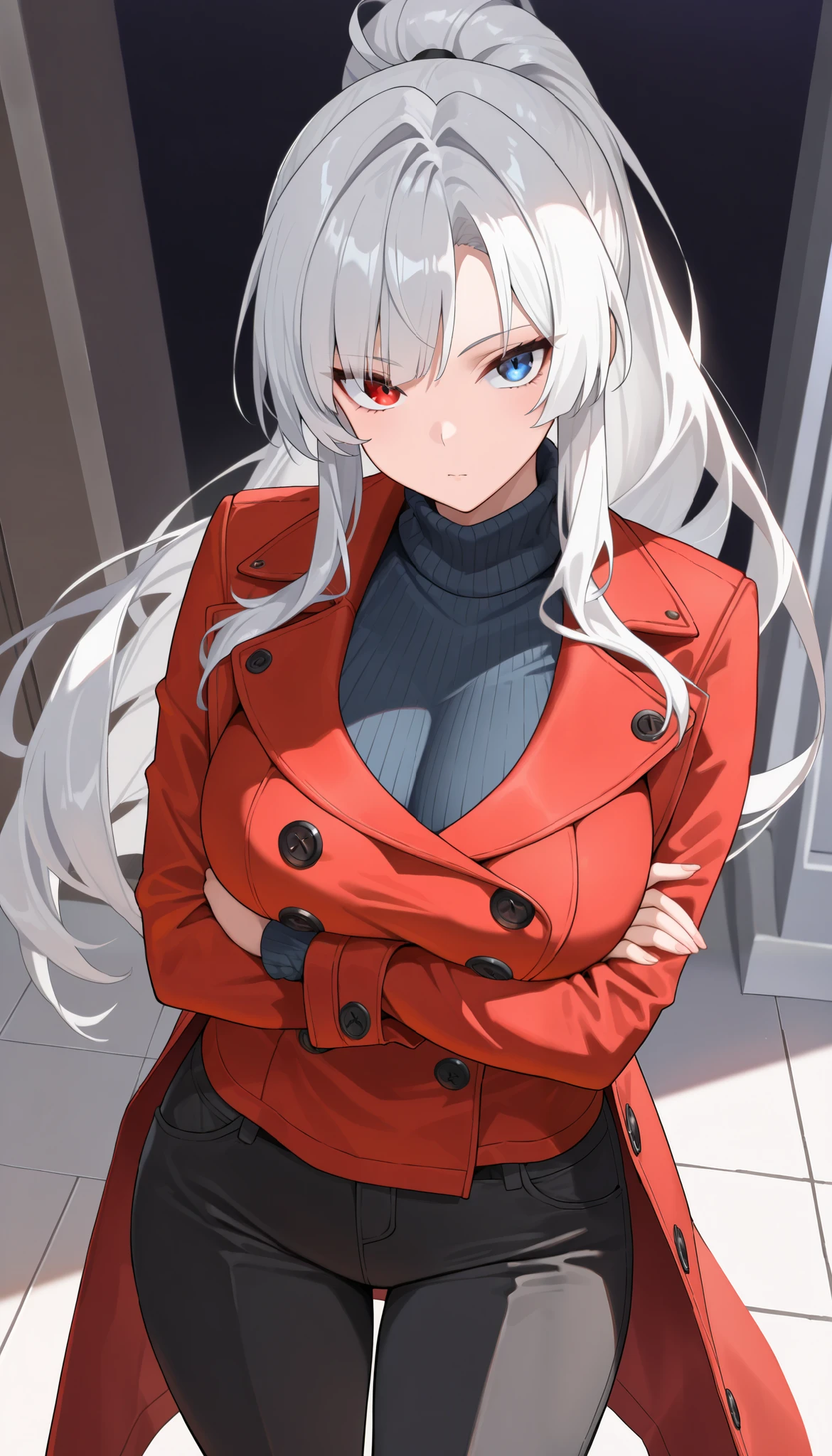(best quality:1.3), (masterpiece:1.3), (ultra-detailed:1.3), absurdres, 1girl, solo, heterochromia, red_eye, blue_eye, white_hair, bangs, long_sleeves, large_breasts, tall, standing, mature_female, long_hair, black_pants, red_coat, sweater, turtleneck, side_bangs, tsurime, ponytail, double_breasted, crossed_arms,