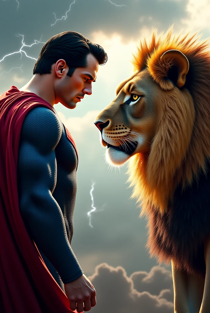 Super man with Lion and lion roaring