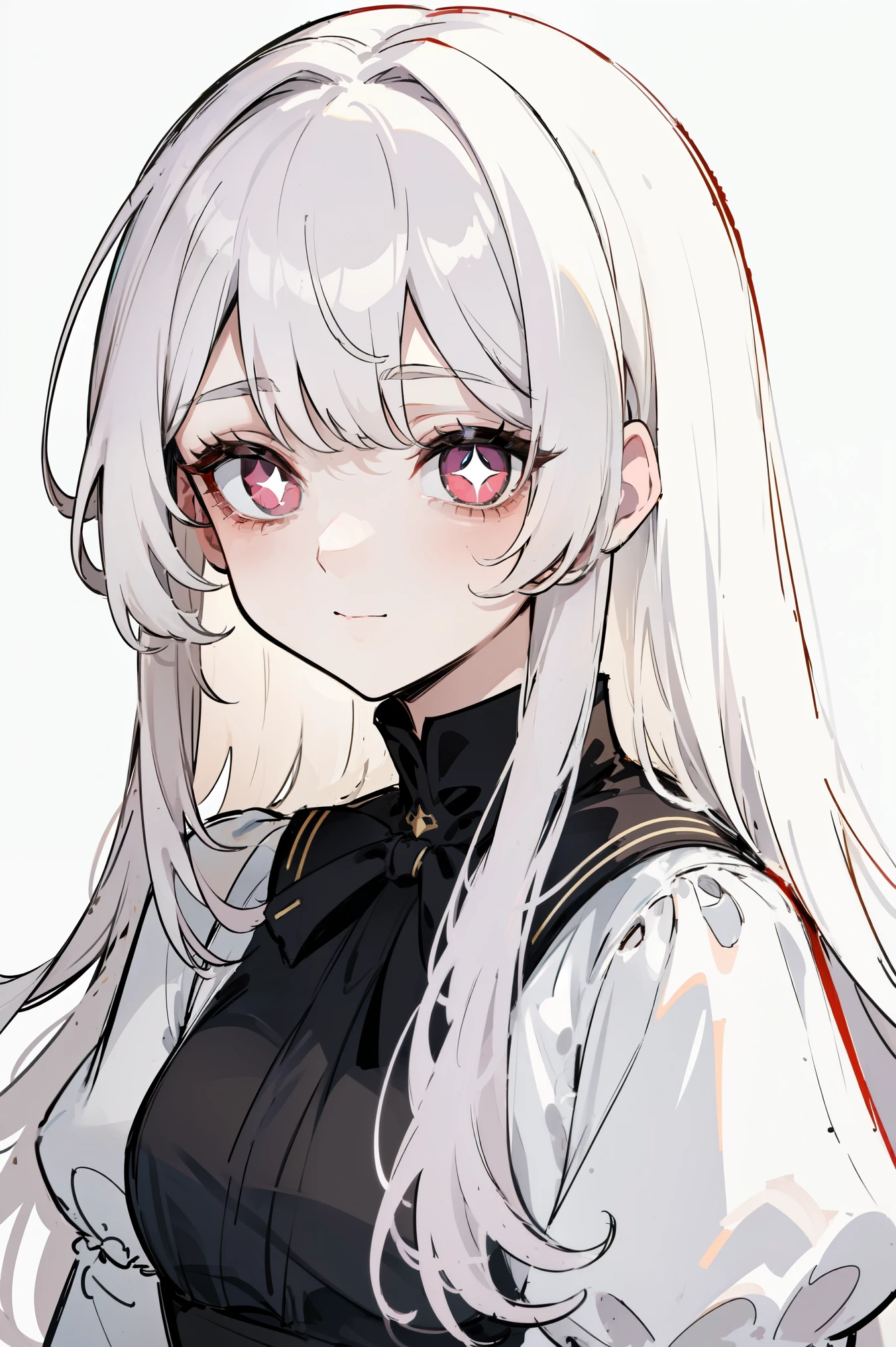 (masterpiece, Best Quality , super high quality , Dress with curved smile , sketch:1.1), ((portrait)), 1girl , solo , young long-haired white hair , Straight Hair, Bangs, ((pink eyes , white pupil )), (Tired, Eye bags:1.2), (Colored eyelashes, white eyelash :1.2), Inward , Smile, v-shape smile, 彎曲的Smile, :>, white-black, Goethe Costume, upper body, Standing, Simple Background