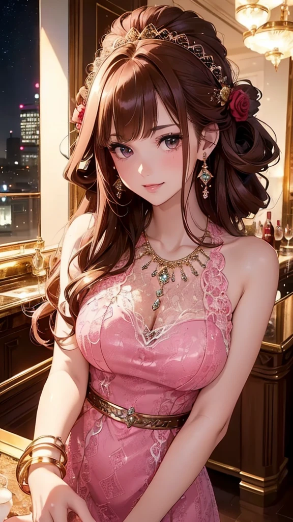 Masterpiece, Ultra High Quality, Ultra HD Quality, The most beautiful woman in history, Anime, Slender body, (very large breasts), Tall, Small face, Well-proportioned figure, Beautiful white skin, (Shiny brown hair: 1.2), ((Updo: 1.3))), (Bangs straight across), (Beautiful shining eyes), (Clear brown eyes), ((Shiny highlights: 1.3))), Long eyelashes, Pink lips, Beautiful and precise and delicate hand and finger creation, Divine smile, ((Beautiful cocktail dress))), ((dark pink lace dress))), ((Luxurious dress))), (Red rose hair accessory: 1.2), (Large earrings, Luxurious necklace, bangle, ring), Upper body, Beautiful standing posture like a fashion model, (Penthouse luxury bar and night view of buildings in the background)
