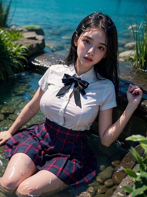 ((beautiful anime eyes with fine detail)), realistic skin, (intricate details), best lighting, depth field, ((ultra high resolution, high res)), {highres}, {{very fine 8KCG wallpapers}}, {{very precise detailed}}, ((((masterpiece)))),Korean school uniform、summer uniform shirt、Tight fitting shirts、Ribbon Ties、skirt by the、schools, No bra, No panties, ((Nipples visible through wet clothes)), semilong hair(main color black, innner color red), (blushed embarrassed face), big breast, curvy thighs,outdoor, in a pristine beach in Bali,poolside, cowboy shot, shoot from below1.5,
