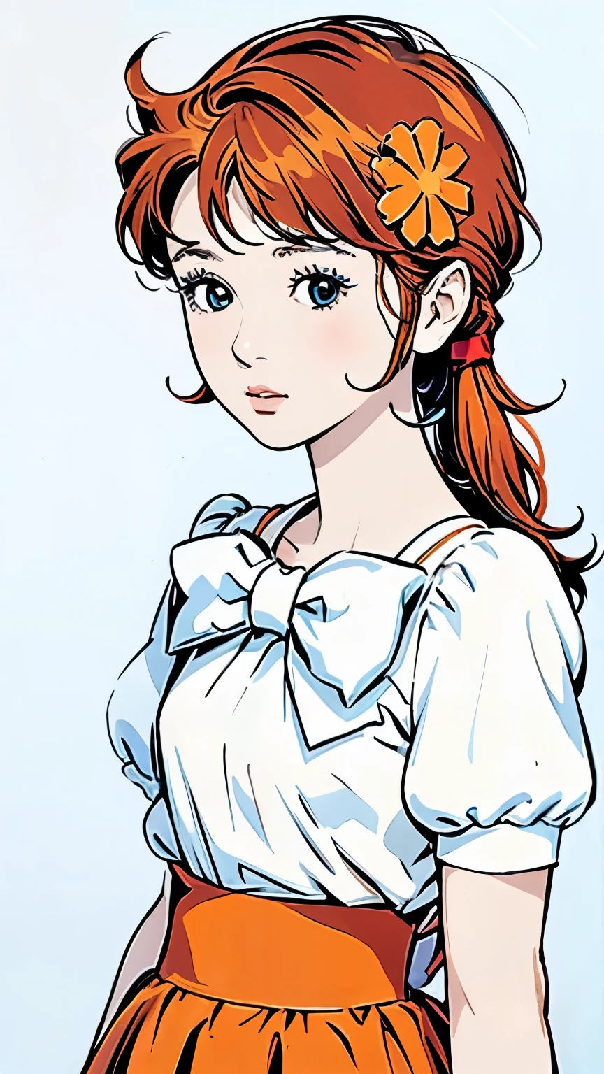 Famous Paintings、最 High Quality 、(Straight on:1.1), upper body,break ANIME_Kanzaki_Break Meg _ long hair,Red Hair,Flower freckles、, hair flower,Moderate bust, aqua eyes, HAIR ORNAMENT, dress, skirt ,orange dress,orange skirt ,bow, jewelry, orange shirt , Pfisleeve,puffy Short Sleeve, Short Sleeve, red ribbon, white bow, short dress, (retro art style,1970s_( style)), break, 1 GIRL, Alone, stare at viewers, upper body, Official Art, High Resolution , scenery, (Masterpiece:1.1), (最 High Quality ,:1.1), ( High Quality :1.1),