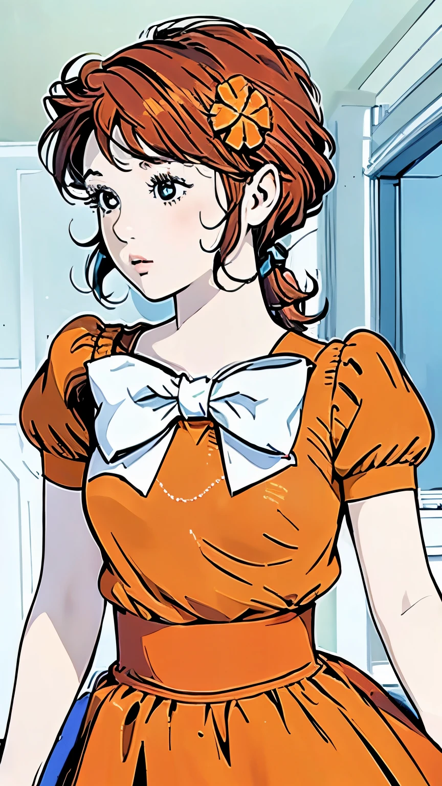 Famous Paintings、最 High Quality 、(Straight on:1.1), upper body,break ANIME_Kanzaki_Break Meg _ long hair,Red Hair,Flower freckles、, hair flower,Moderate bust, aqua eyes, hair ornament , dress, skirt ,orange dress,orange skirt ,bow, jewelry, orange shirt , Pfisleeve,puffy short sleeve , short sleeve , red ribbon, white bow, short dress, (retro art style,1970s_( style)), break, 1 GIRL, Alone, stare at viewers, upper body, Official Art, High Resolution , scenery, (Masterpiece:1.1), (最 High Quality ,:1.1), ( High Quality :1.1),