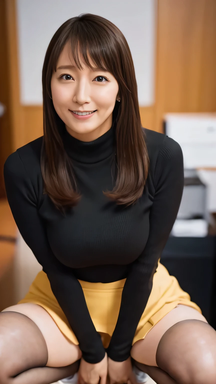 Japanese、1 female,、beauty,Beautiful Face,Realistic、smile、Detailed face、A dignified appearance,Plump Style,Squat、Spread your legs、Thighs, Thighs, Thighs、Large saggy breasts、Front view, ultra-realistic,Ultra-high resolution,Highest quality,8k,masterpiece,(Shooting in the office:1.2),((suit、mini skirt、Panty shot、wear black tights))、 cute Yoshioka Riho