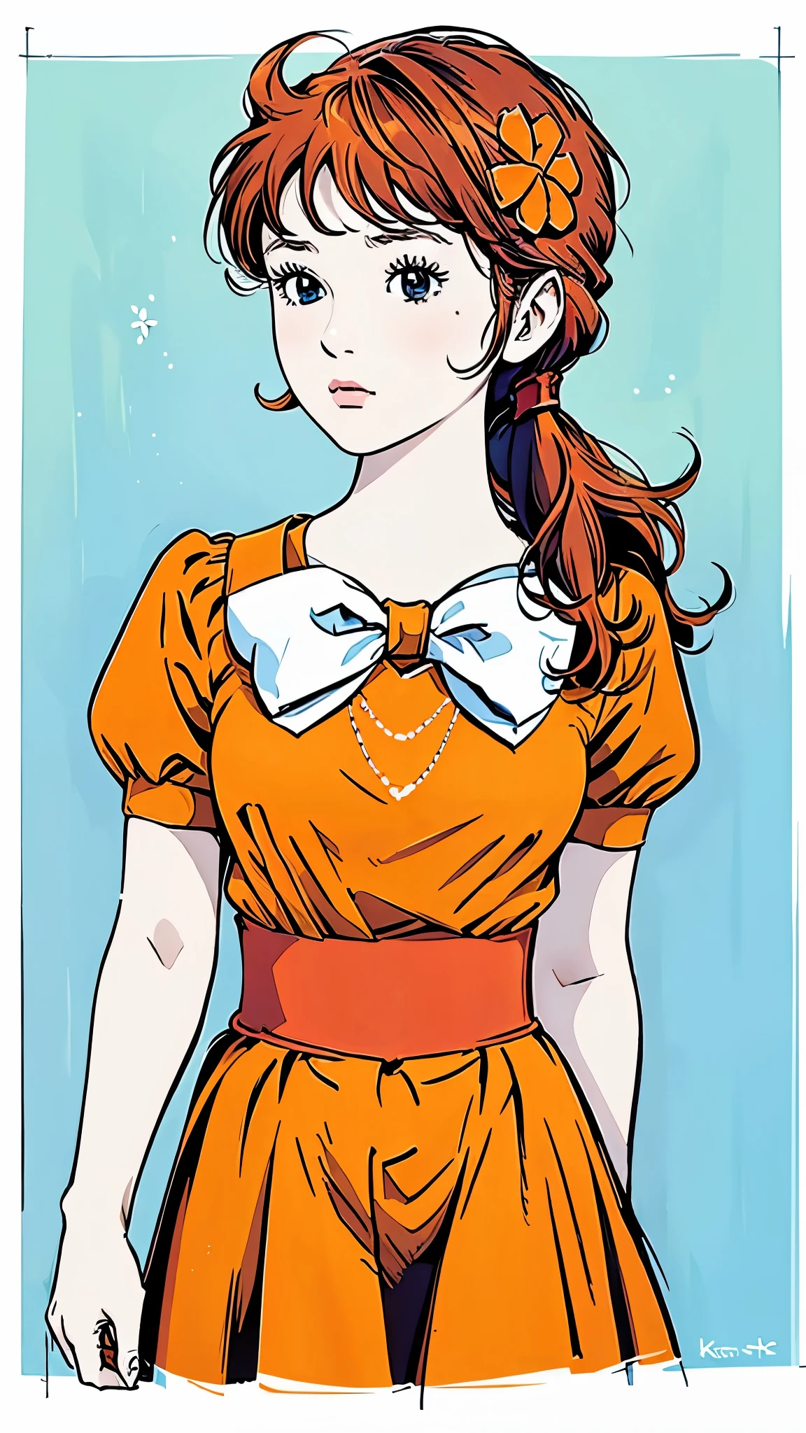 Famous Paintings、最 High Quality 、(Straight on:1.1), upper body,break ANIME_Kanzaki_Break Meg _ long hair,Red Hair,flower、Freckles、, hair flower,Moderate bust, aqua eyes, HAIR ORNAMENT, orange dress , skirt ,orange dress,orange skirt ,bow, jewelry, orange shirt , Pfisleeve,puffy Short Sleeve, Short Sleeve, red ribbon, white bow, short dress, (retro art style,1970s_( style)), break, 1 GIRL, Alone, stare at viewers, upper body, Official Art, High Resolution , scenery, (Masterpiece:1.1), (最 High Quality ,:1.1), ( High Quality :1.1),