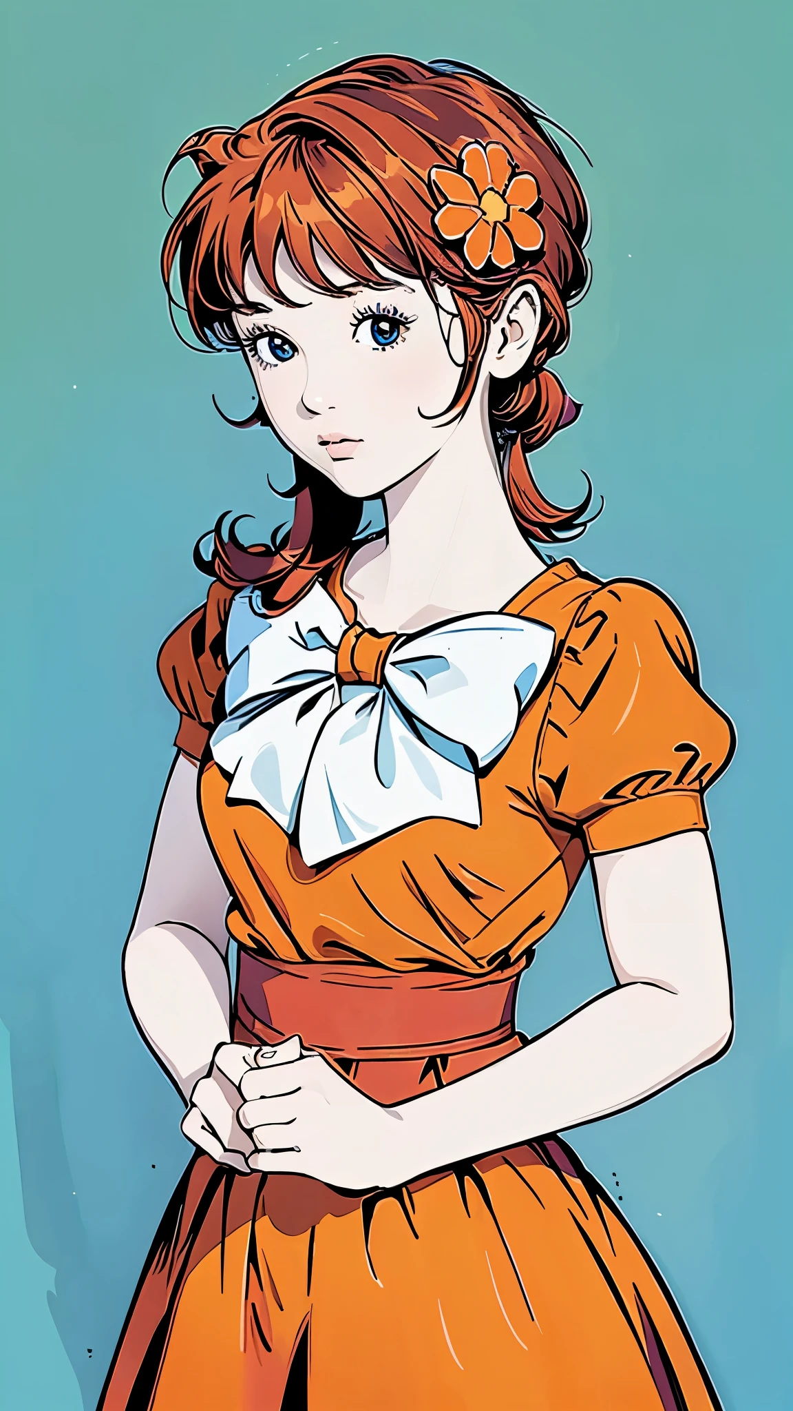 Famous Paintings、最 High Quality 、(Straight on:1.1), upper body,break ANIME_Kanzaki_Break Meg _ long hair,Red Hair,flower、Freckles、, hair flower,Moderate bust,  aqua eyes,  HAIR ORNAMENT,  orange dress , skirt ,orange dress,orange  skirt ,bow,  jewelry, orange shirt , Pfisleeve,puffy  Short Sleeve, Short Sleeve, red ribbon, white bow,  short dress, (retro art style,1970s_( style)), break,  1 GIRL, Alone,  stare at viewers,  upper body,  Official Art,  High Resolution , scenery, (Masterpiece:1.1), (最 High Quality ,:1.1), ( High Quality :1.1),