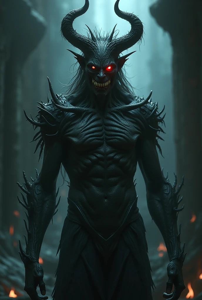 A vantablack faceless demon, a dark mask with only golden glowing irises, threatening stance, anticipating, looking grim, staring with fury, black eyes, waiting, angry, furious, raging, baring its fangs, adorned with sinhalese and hindu and burmese decor, very dark background, fuming vantablack particles from its silhouette, dynamic shot, side angle shot, close-up shot, high angle shot, bokeh, 8k resolution, masterpiece,