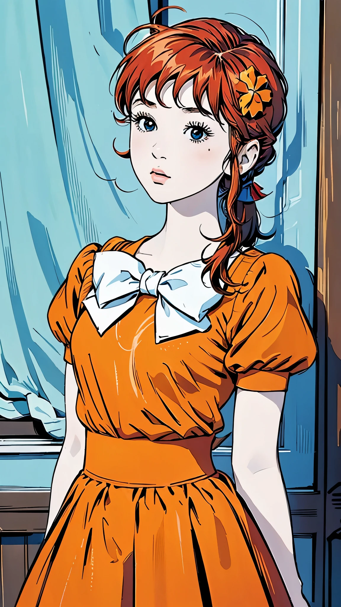 Famous Paintings、最 High Quality 、(Straight on:1.1), upper body,break ANIME_Kanzaki_Break Meg _ long hair,Red Hair,Flower freckles、, hair flower,Moderate bust, aqua eyes, HAIR ORNAMENT, dress, skirt ,orange dress,orange skirt ,bow, jewelry, orange shirt , Pfisleeve,puffy Short Sleeve, Short Sleeve, red ribbon, white bow, short dress, (retro art style,1970s_( style)), break, 1 GIRL, Alone, stare at viewers, upper body, Official Art, High Resolution , scenery, (Masterpiece:1.1), (最 High Quality ,:1.1), ( High Quality :1.1),
