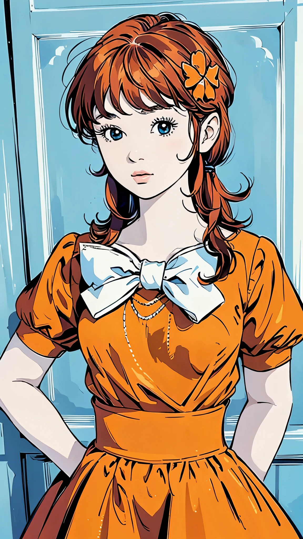 Famous Paintings、最 High Quality 、(Straight on:1.1), upper body,break ANIME_Kanzaki_Break Meg _ long hair,Red Hair,Flower freckles、, hair flower,Moderate bust,  aqua eyes,  HAIR ORNAMENT,  dress, skirt ,orange  dress,orange  skirt ,bow,  jewelry, orange shirt , Pfisleeve,puffy  Short Sleeve, Short Sleeve, red ribbon, white bow, short  dress, (retro art style,1970s_( style)), break,  1 GIRL, Alone,  stare at viewers,  upper body,  Official Art,  High Resolution , scenery, (Masterpiece:1.1), (最 High Quality ,:1.1), ( High Quality :1.1),
