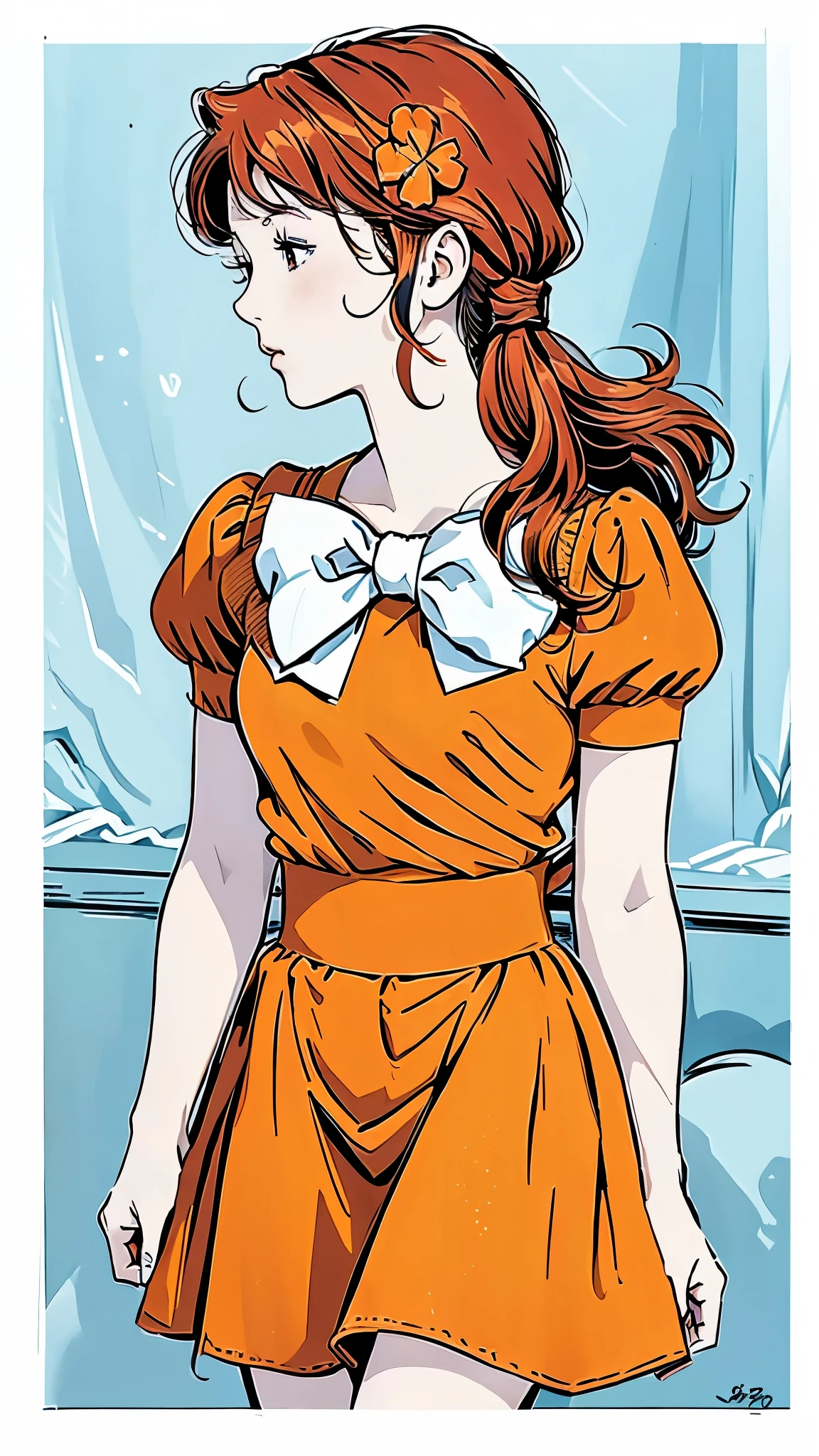 Famous Paintings、最 High Quality 、profile、Look down、(Straight on:1.1), upper body,break ANIME_Kanzaki_Break Meg _ long hair,Red Hair,Flower freckles、, hair flower,Moderate bust,  aqua eyes,  HAIR ORNAMENT,  dress, skirt ,orange  dress,orange  skirt ,bow,  jewelry, orange shirt , Pfisleeve,puffy  Short Sleeve, Short Sleeve, red ribbon, white bow, short  dress, (retro art style,1970s_( style)), break,  1 GIRL, Alone,  stare at viewers,  upper body,  Official Art,  High Resolution , scenery, (Masterpiece:1.1), (最 High Quality ,:1.1), ( High Quality :1.1),