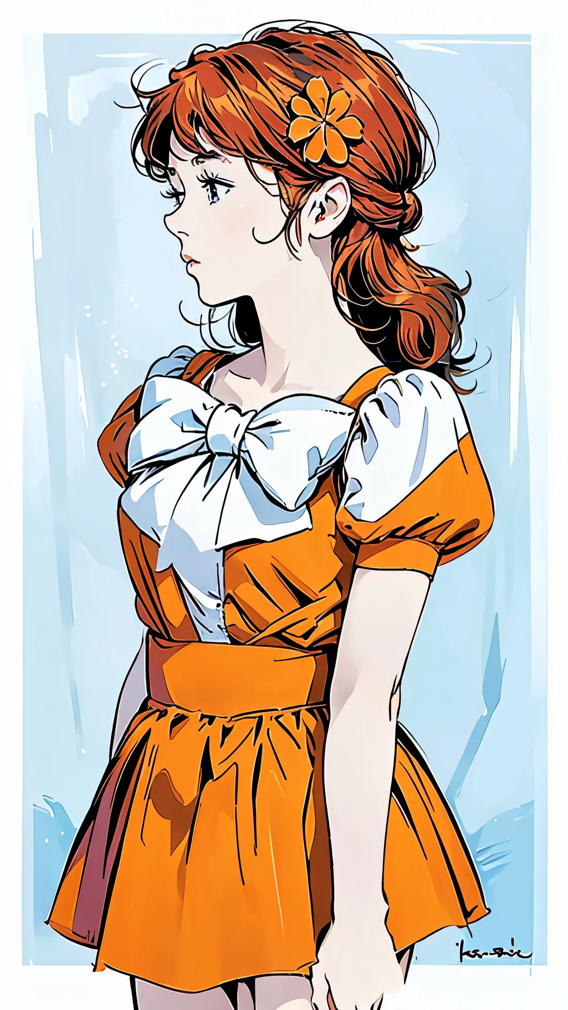 Famous Paintings、最 High Quality 、profile、Look down、(Straight on:1.1), upper body,break ANIME_Kanzaki_Break Meg _ long hair,Red Hair,Flower freckles、, hair flower,Moderate bust, aqua eyes, HAIR ORNAMENT, dress, skirt ,orange dress,orange skirt ,bow, jewelry, orange shirt , Pfisleeve,puffy Short Sleeve, Short Sleeve, red ribbon, white bow, short dress, (retro art style,1970s_( style)), break, 1 GIRL, Alone, stare at viewers, upper body, Official Art, High Resolution , scenery, (Masterpiece:1.1), (最 High Quality ,:1.1), ( High Quality :1.1),