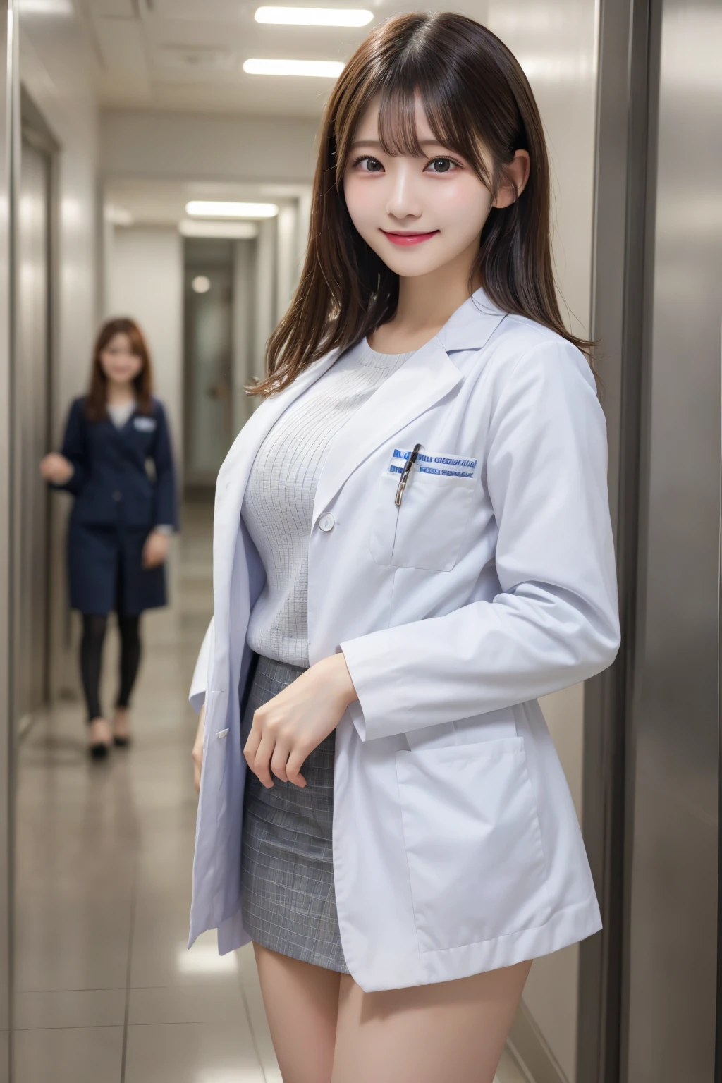 Doctor, 1 woman, solo, sitting (Looking at the audience), (white lab coat:1.5), long skirt ,Stylish clothes mature woman /(dark brown hair/) Bangs, smiling kindly (The best quality masterpiece:1.2) , Delicate illustrations, Special details, (hospital examination room) In the building, desk (X-ray image of the lungs:1.2) Detailed background