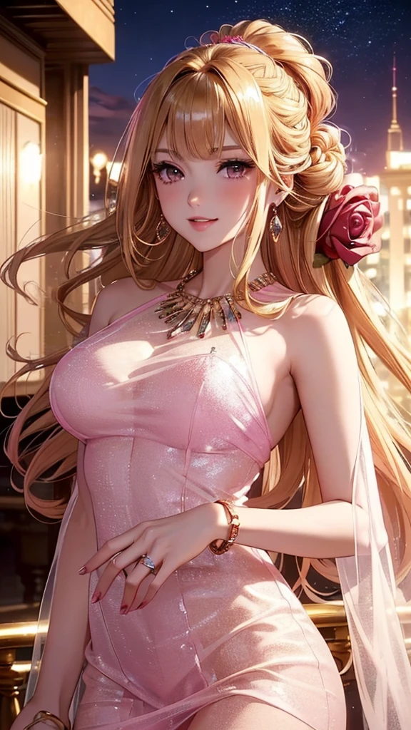 Masterpiece, Ultra High Quality, Ultra HD Quality, The most beautiful woman in history, Anime, Slender body, (very large breasts), Tall, Small face, Well-proportioned figure, Beautiful white skin, (Shiny blonde hair: 1.2), ((Updo: 1.3))), (Bangs straight across), (Beautiful shining eyes), (Clear brown eyes), ((Shiny highlights: 1.3))), Long eyelashes, Pink lips, Beautiful and precise and delicate hand and finger creation, Divine smile, ((Beautiful cocktail dress))), ((dark pink See-through dress))), ((Luxurious dress))), (Red rose hair accessory: 1.2), (Large earrings, Luxurious necklace, bangle, ring), Upper body, Beautiful standing posture like a fashion model, (Penthouse luxury bar and night view of buildings in the background)
