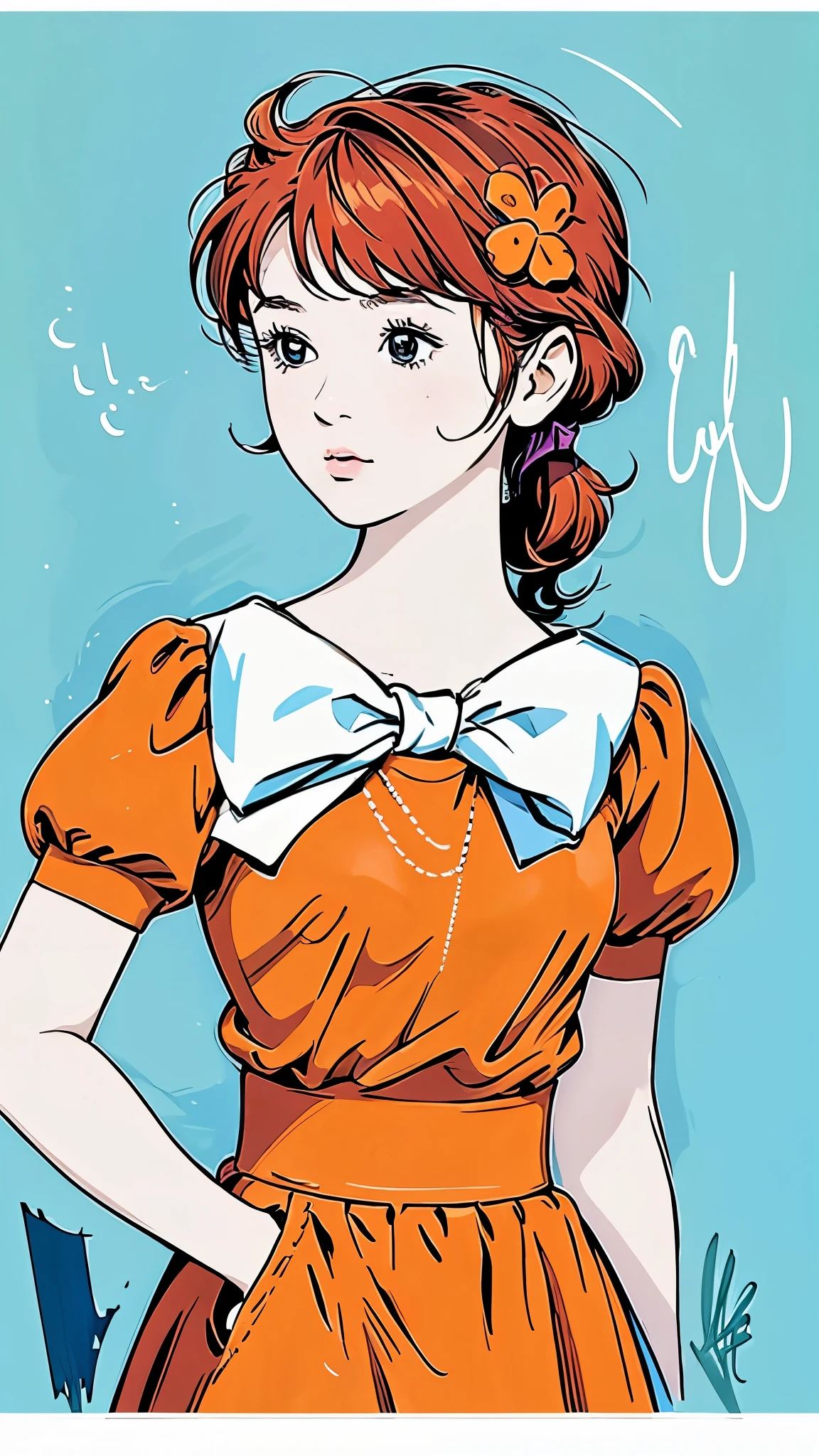 Famous Paintings、最 High Quality 、profile、 looks up at the sky、(Straight on:1.1), upper body,break ANIME_Kanzaki_Break Meg _ long hair,Red Hair,Flower freckles、, hair flower,Moderate bust, aqua eyes, HAIR ORNAMENT, dress, skirt ,orange dress,orange skirt ,bow, jewelry, orange shirt , Pfisleeve,puffy Short Sleeve, Short Sleeve, red ribbon, white bow, short dress, (retro art style,1970s_( style)), break, 1 GIRL, Alone, stare at viewers, upper body, Official Art, High Resolution , scenery, (Masterpiece:1.1), (最 High Quality ,:1.1), ( High Quality :1.1),