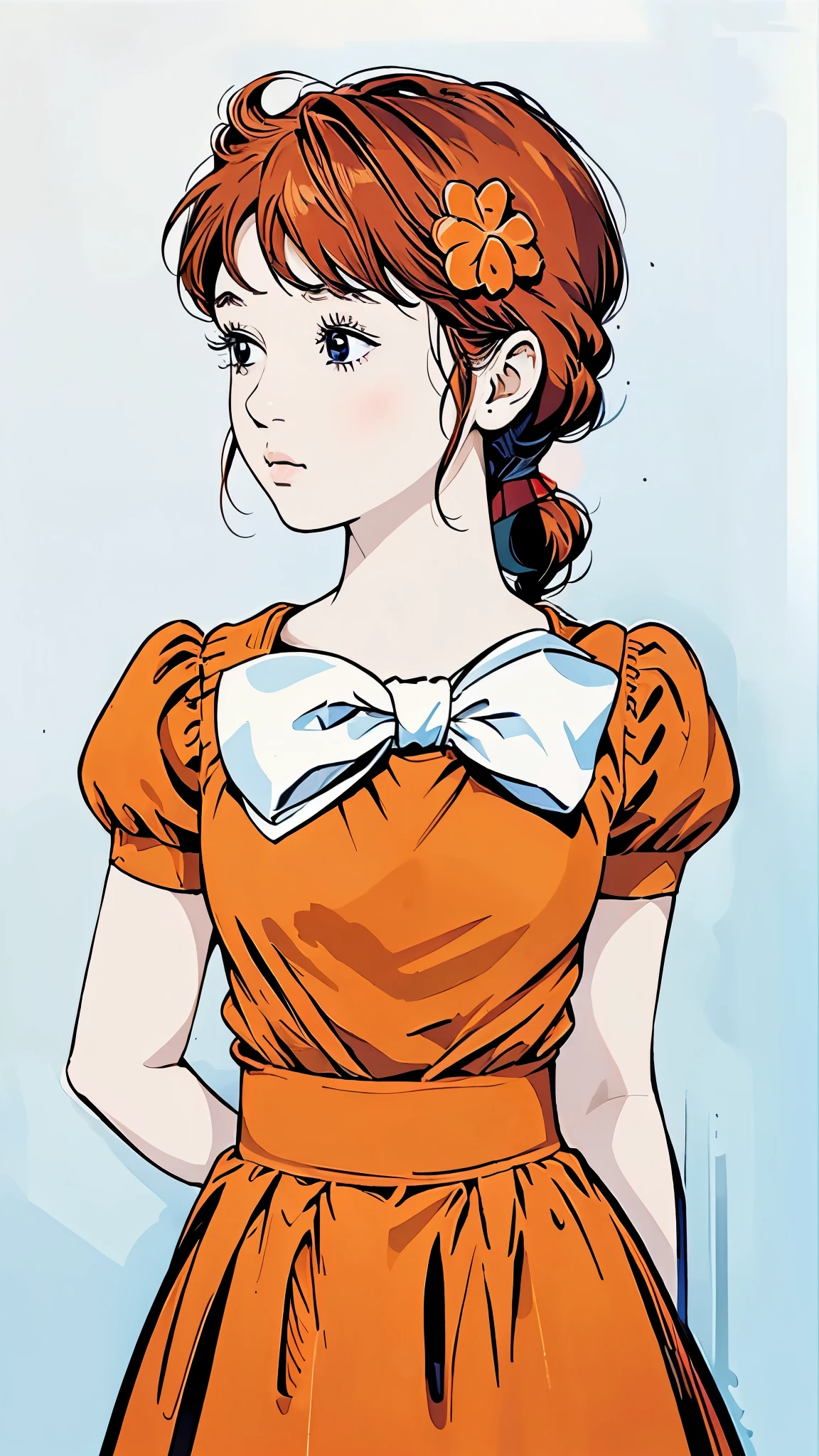 Famous Paintings、最 High Quality 、profile、 looks up at the sky、(Straight on:1.1), upper body,break ANIME_Kanzaki_Break Meg _ long hair,Red Hair,Flower freckles、, hair flower,Moderate bust, aqua eyes, hair ornament , dress, skirt ,orange dress,orange skirt ,bow, jewelry, orange shirt , Pfisleeve,puffy short sleeve , short sleeve , red ribbon, white bow, short dress, (retro art style,1970s_( style)), break, 1 GIRL, Alone, stare at viewers, upper body, Official Art, High Resolution , scenery, (Masterpiece:1.1), (最 High Quality ,:1.1), ( High Quality :1.1),