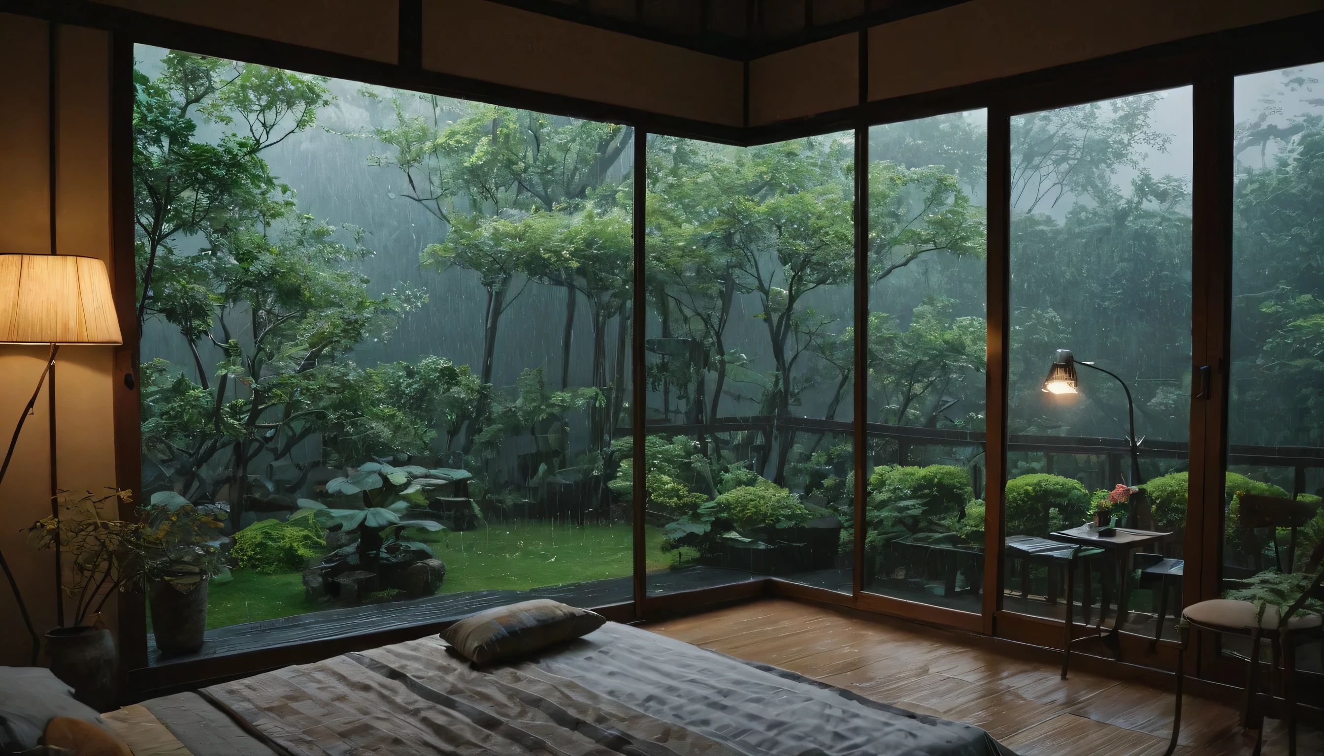 The picture shows a cozy gloomy bedroom, with a large window offering a view of a beautiful, dimly lit garden AND a garden soaked in FLOWERS,a warm lamp, the cobblestones of the Japanese house concept. CINEMATIC, JAPANESE HOUSE, the shape of a Japanese house, and lots of flower gardens in the garden. The bed was unmade with rumpled sheets, indicating only a light sleep. the room is dark, gloomy, looks dim, gloomy. Beside the bed there is a small table with a classic lamp that radiates warm light into the room. Outside the window you can see the lush greenery of the terrace or balcony area, the rain is falling, the lamp on the left provides warm lighting, creating a calm and peaceful atmosphere. with fog obscuring part of the view in the distance. The contrast between the warmth indoors and the rain outdoors creates an inviting and calming atmosphere