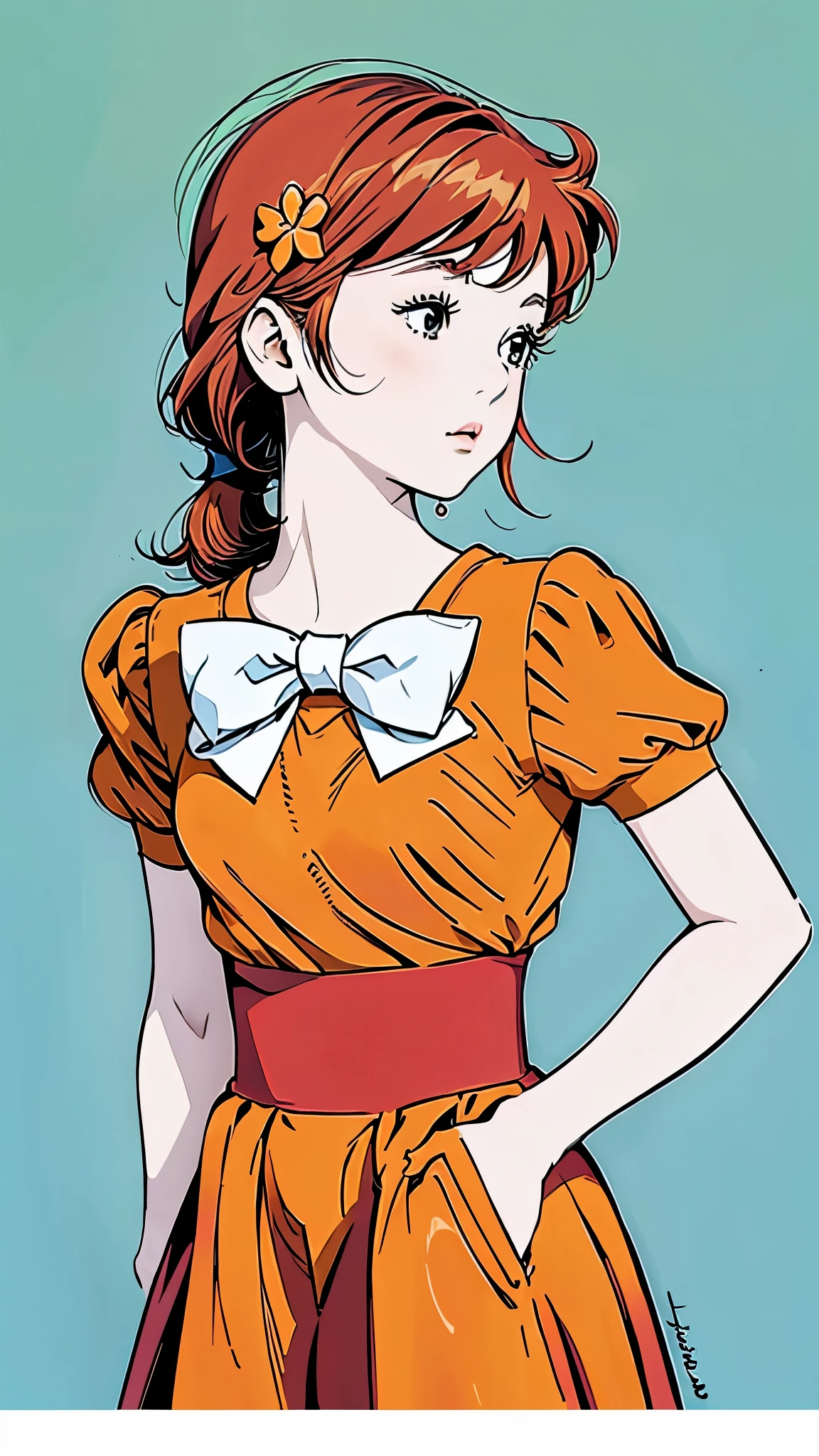 Famous Paintings、最 High Quality 、profile、shout、(Straight on:1.1), upper body,break ANIME_Kanzaki_Break Meg _ long hair,Red Hair,Flower freckles、, hair flower,Moderate bust,  aqua eyes,  HAIR ORNAMENT,  dress, skirt ,orange  dress,orange  skirt ,bow,  jewelry, orange shirt , Pfisleeve,puffy  Short Sleeve, Short Sleeve, red ribbon, white bow, short  dress, (retro art style,1970s_( style)), break,  1 GIRL, Alone,  stare at viewers,  upper body,  Official Art,  High Resolution , scenery, (Masterpiece:1.1), (最 High Quality ,:1.1), ( High Quality :1.1),