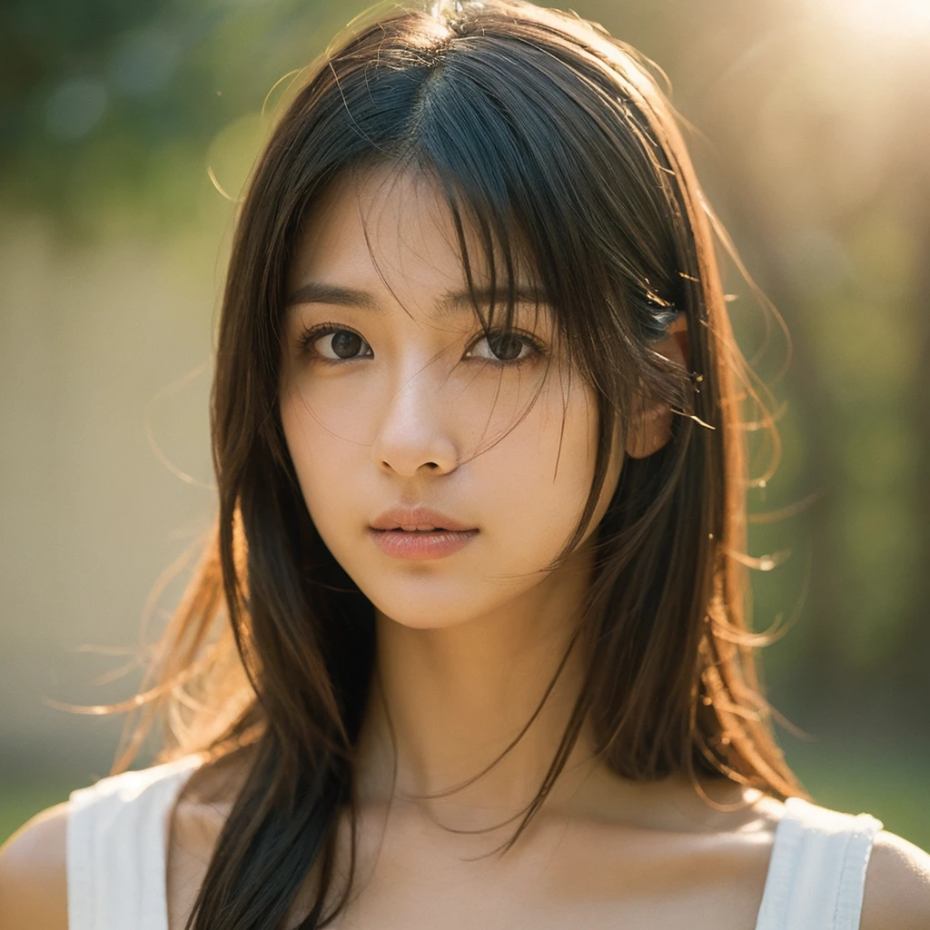 A hyper-realistic image of a single Japanese woman in her early 20s, captured with the nostalgic warmth and subtle graininess of a film camera. Her skin has a warm beige tone with a natural, slightly rough texture that includes visible pores, fine lines, and subtle imperfections such as small blemishes, adding to the authenticity of her appearance. The soft, diffused natural light enhances the film-like quality, casting gentle shadows that create a timeless, organic feel. Her straight, glossy black hair frames her face in a natural, slightly tousled manner, and her deep brown eyes reflect the ambient light, adding depth and emotion. The film camera effect introduces a slight grain and a softer focus, giving the image a warm, nostalgic atmosphere while maintaining the realistic texture of her skin. with the overall composition designed to evoke a sense of genuine, understated elegance. The use of natural light, combined with the deliberately rougher texture of her skin and the film-like qualities, ensures that this image captures the imperfections that make her beauty truly lifelike, focusing solely on this one individual.She is wearing a transparent see-through shirt.The brightly colored bra is transparent.