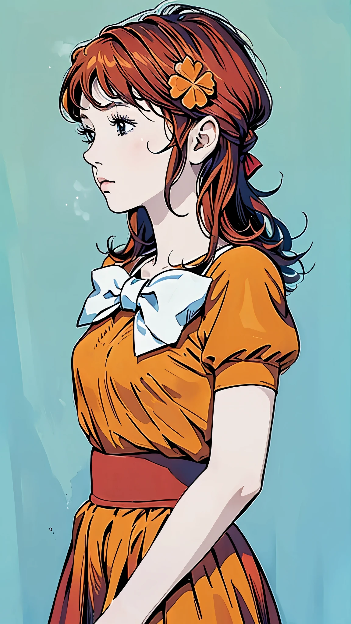Famous Paintings、最 High Quality 、profile、shout、(Straight on:1.1), upper body,break ANIME_Kanzaki_Break Meg _ long hair,Red Hair,Flower freckles、, hair flower,Moderate bust, aqua eyes, HAIR ORNAMENT, dress, skirt ,orange dress,orange skirt ,bow, jewelry, orange shirt , Pfisleeve,puffy Short Sleeve, Short Sleeve, red ribbon, white bow, short dress, (retro art style,1970s_( style)), break, 1 GIRL, Alone, stare at viewers, upper body, Official Art, High Resolution , scenery, (Masterpiece:1.1), (最 High Quality ,:1.1), ( High Quality :1.1),