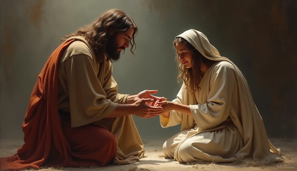 He kneels in front of him and takes the wounded arm as something sacred. Work of Augusto Roa Bastos