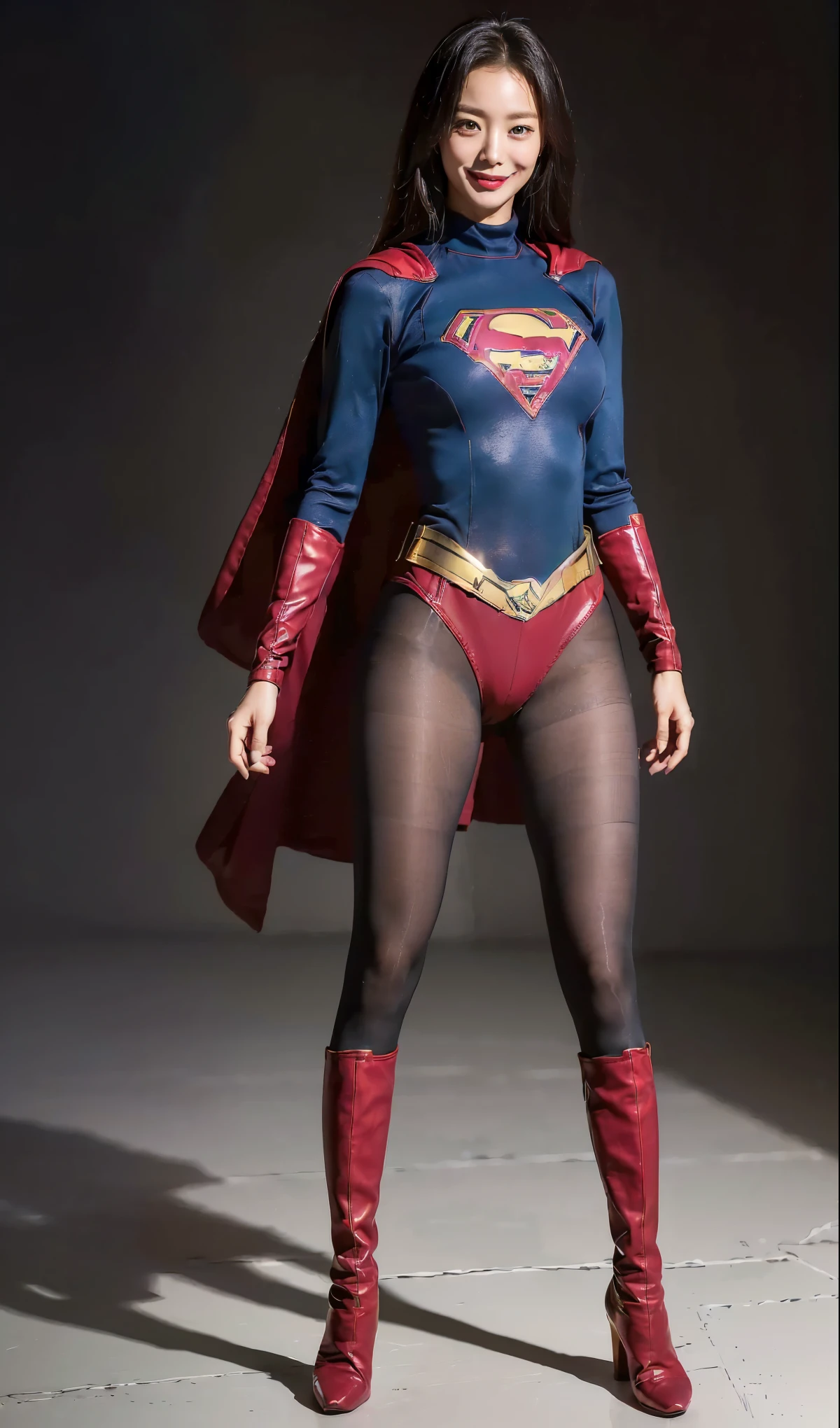 background 、((( Depicting beautiful legs in black tights .)))、((( Legally express the beauty of your smile )))、(((( Make the most of your own original image )))、((( Supergirl Costume )))、(((ボディにフィットした Supergirl Costume )))、(((Beautiful Hair)))、(((SMILE AND WINK )))、(((Please wear black tights....、Wear red boots)))、(( best quality、8k))、(( best quality、8k、masterpiece:1.3))、(((Save the background )))、 Strong concentration:1.2、 Beautiful woman with perfect figure sitting on tatami mat in traditional Japanese room :1.4、 slim abs :1.2、 wet body:1.5、 high-resolution face and skin texture 、8k