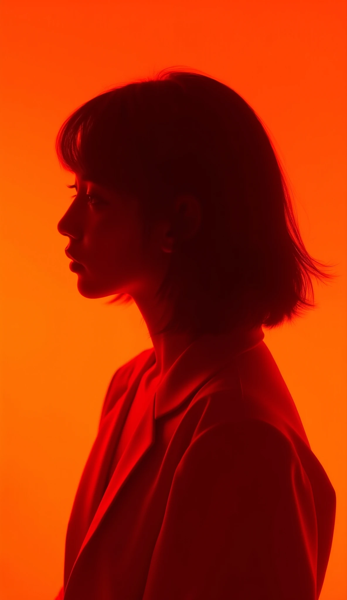 japanese z gen actress silhouetted in red and orange, in the style of hyper-realistic sci-fi, social media portraiture, rendered in cinema4d, pop-inspired installations, optical, outrun, linear illustrations