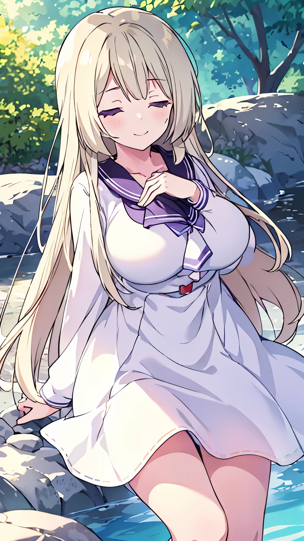 highres, masterpiece, best quality, 1girl, purple eyes,( half-closed eyes:1.2),  miyagawa_ takane, (((busty))),sensual body, smile ,Her cheeks flushed , heart-shaped eyes , excessive cum , outdoors, wet white dress , white summer dress
