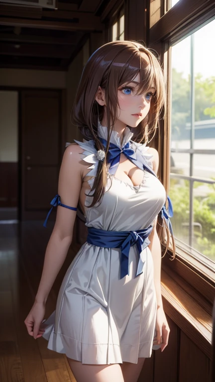 cute girl, miku nakano, nice body,  loose hair tilted to the left, with a white dress, with a blue ribbon running across her chest, ropa de hestia, vestido. 