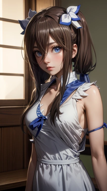 cute girl, miku nakano, nice body,  loose hair tilted to the left, with a white dress, with a blue ribbon running across her chest, ropa de hestia, vestido. 