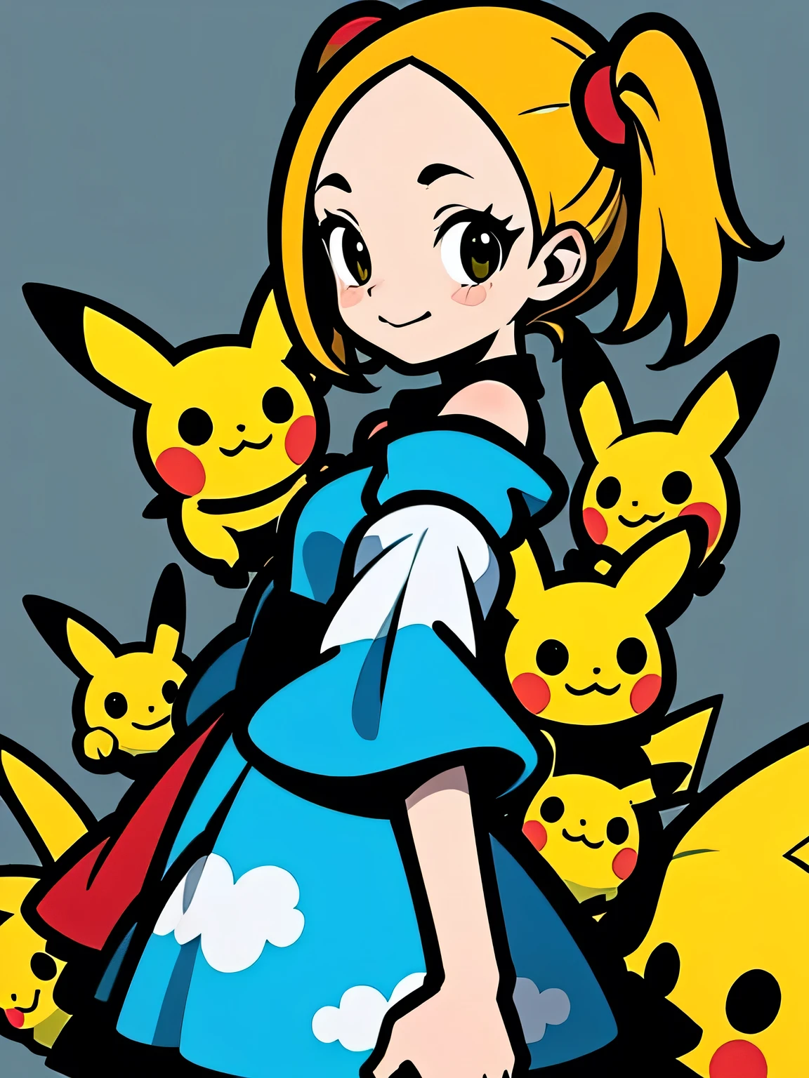 sideview,alone,(looking at viewer:1.3),(upperbody)black twintail,big forehead,gold eyes,eyelash,(offshoulder),cute frill dress,graffity,smile,with pikachu,pastel gradation,good model pose,Murakami Takashi,misterious 万華鏡 background,(comicart :1.3),(illustration),