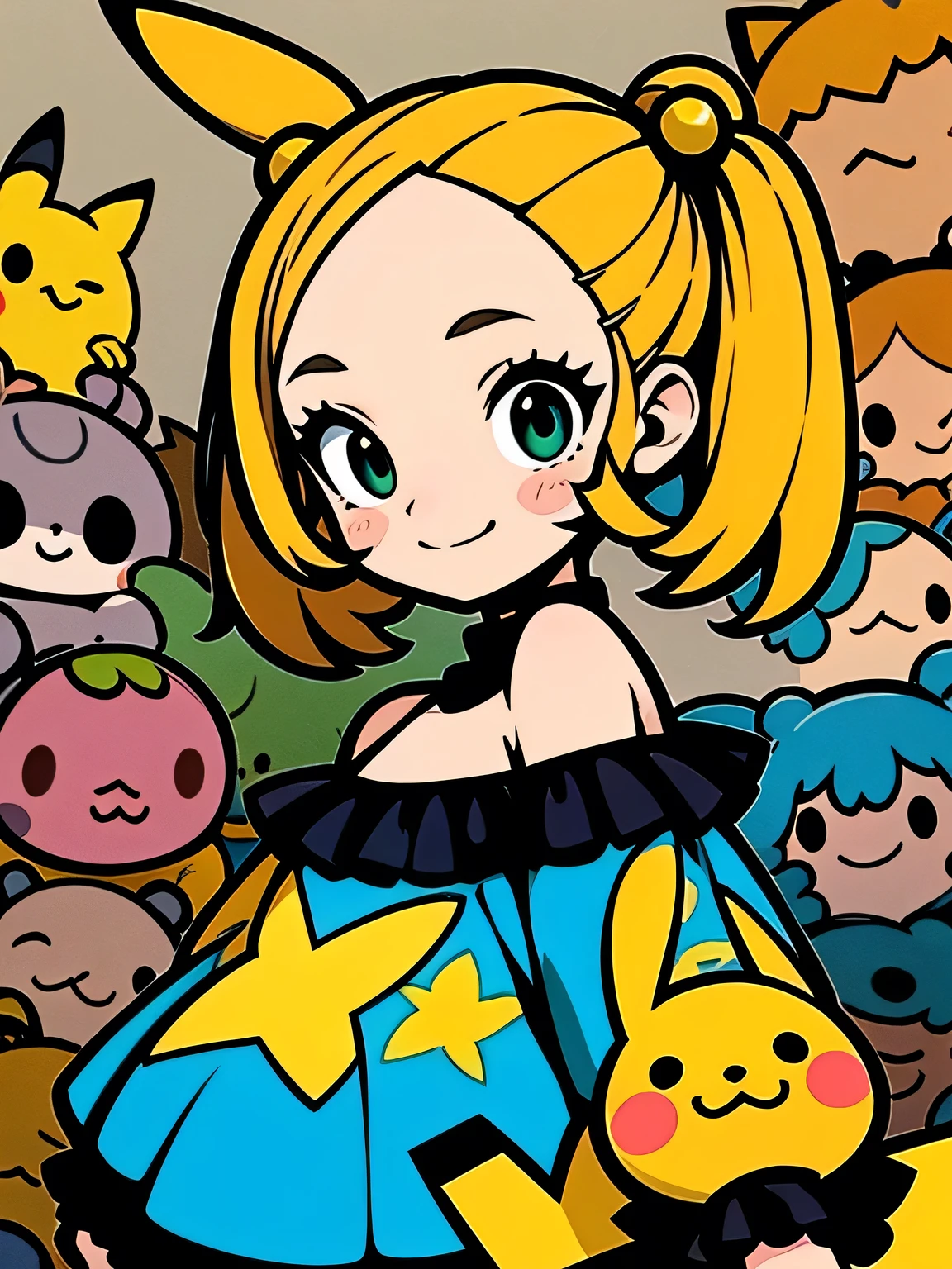 sideview,alone,(looking at viewer:1.3),(upperbody)black twintail,big forehead,gold eyes,eyelash,(offshoulder),cute frill dress,graffity,smile,with pikachu,pastel gradation,good model pose,Murakami Takashi,misterious 万華鏡 background,(comicart  :1.3),(illustration),