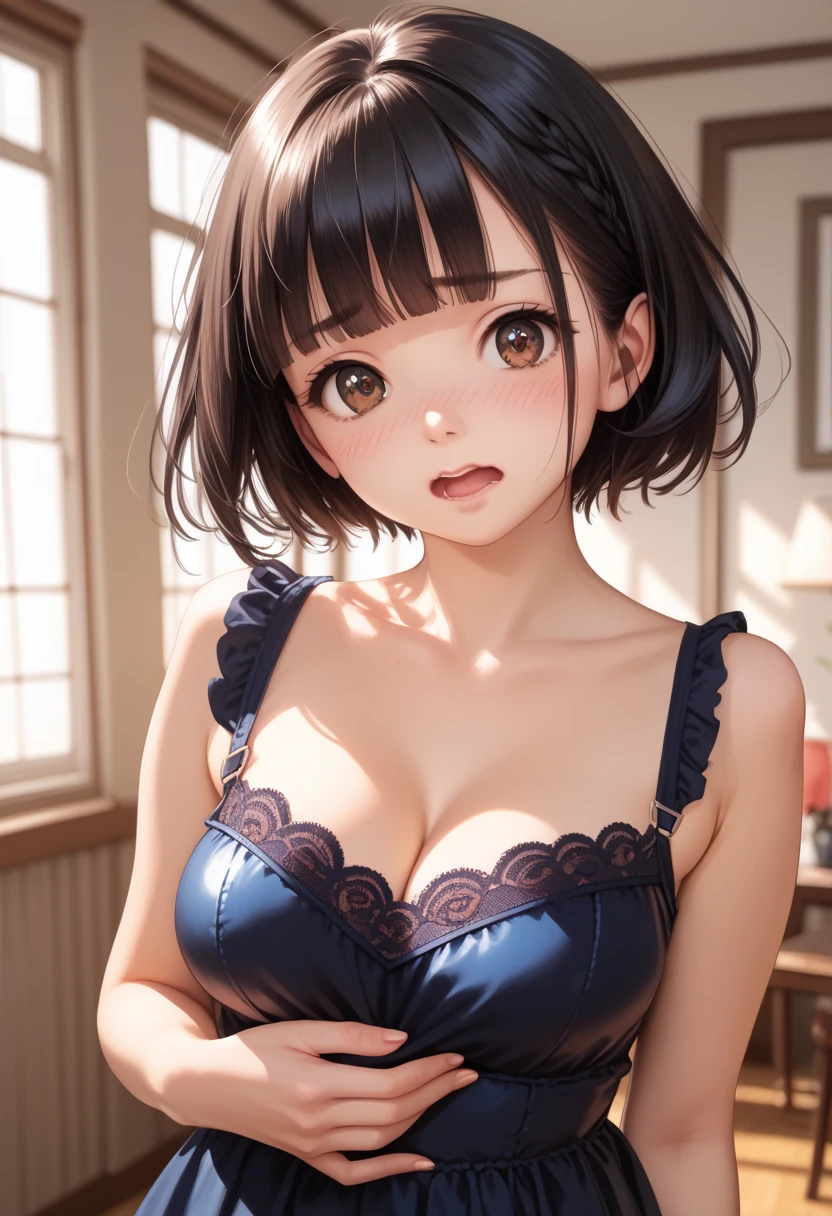 score_9,score_8_up,score_7_up,rating_safe,1girl,solo,(Asian:0.8),(small face:1.3),(big eyes:0.4),cute face,(Look At Viewer:1.3),bob cut,bangs,Bandeau tops,Narrow shoulders,Groin,navel,(Toned body:0.5),(underboob,Cleavage:1.1),Rounded breasts,small breasts,Forward bending,Pov Cowgirl leaning back,concrete wallpaper,Simple Background,pov,cowboy shot,from below