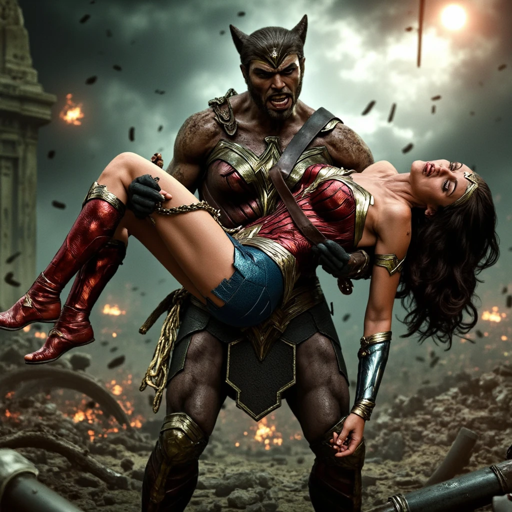 Gal Gadot is Wonder woman, fighting with the Steppenwolf, a very beautiful Gal Gadot face, very bright white skin, brown hair, painful face, unconscious, eyes close, dirty body, bound arms by chain behind her back, she is defeated, the Steppenwolf severely assault from front of wonder woman, face to face, a huge body fierce Steppenwolf is carrying Wonder woman body, the Steppenwolf is taller than Wonder woman, photorealistic, hyper realistic, whole body visible, in the night, ancient myth war,