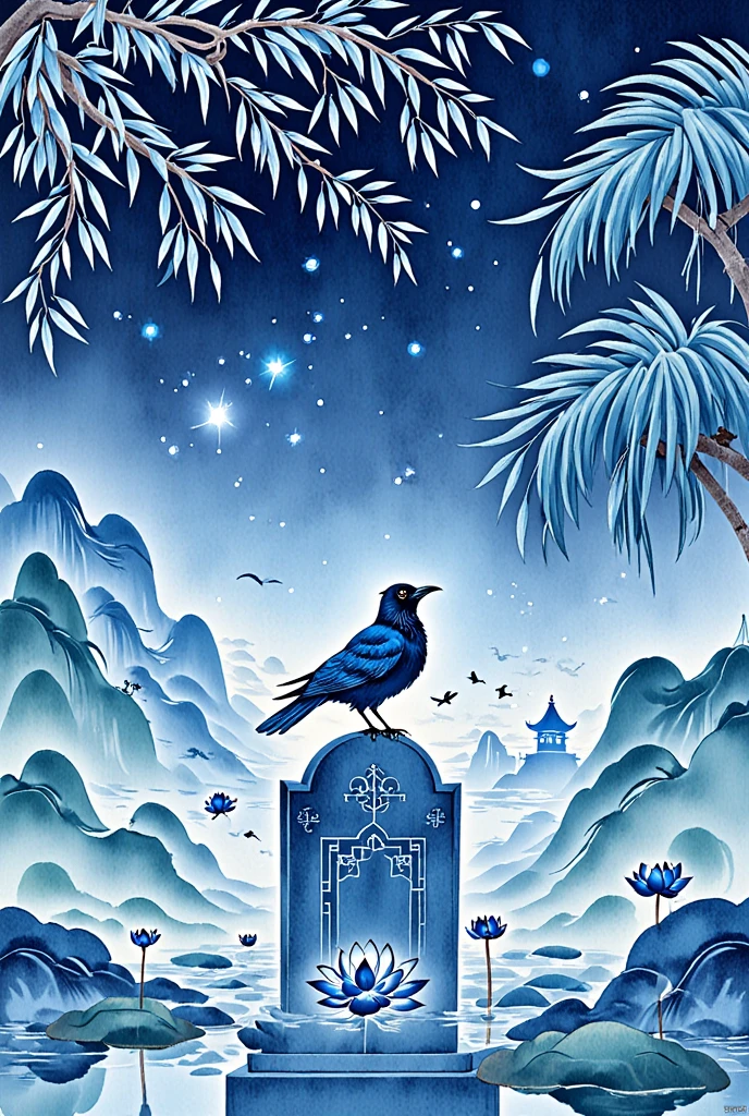 "  colored ink splash art style of a crow in a graveyard. Perched on a tombstone  . starry night, Flowers, FOG.   colorful ink painting background  .