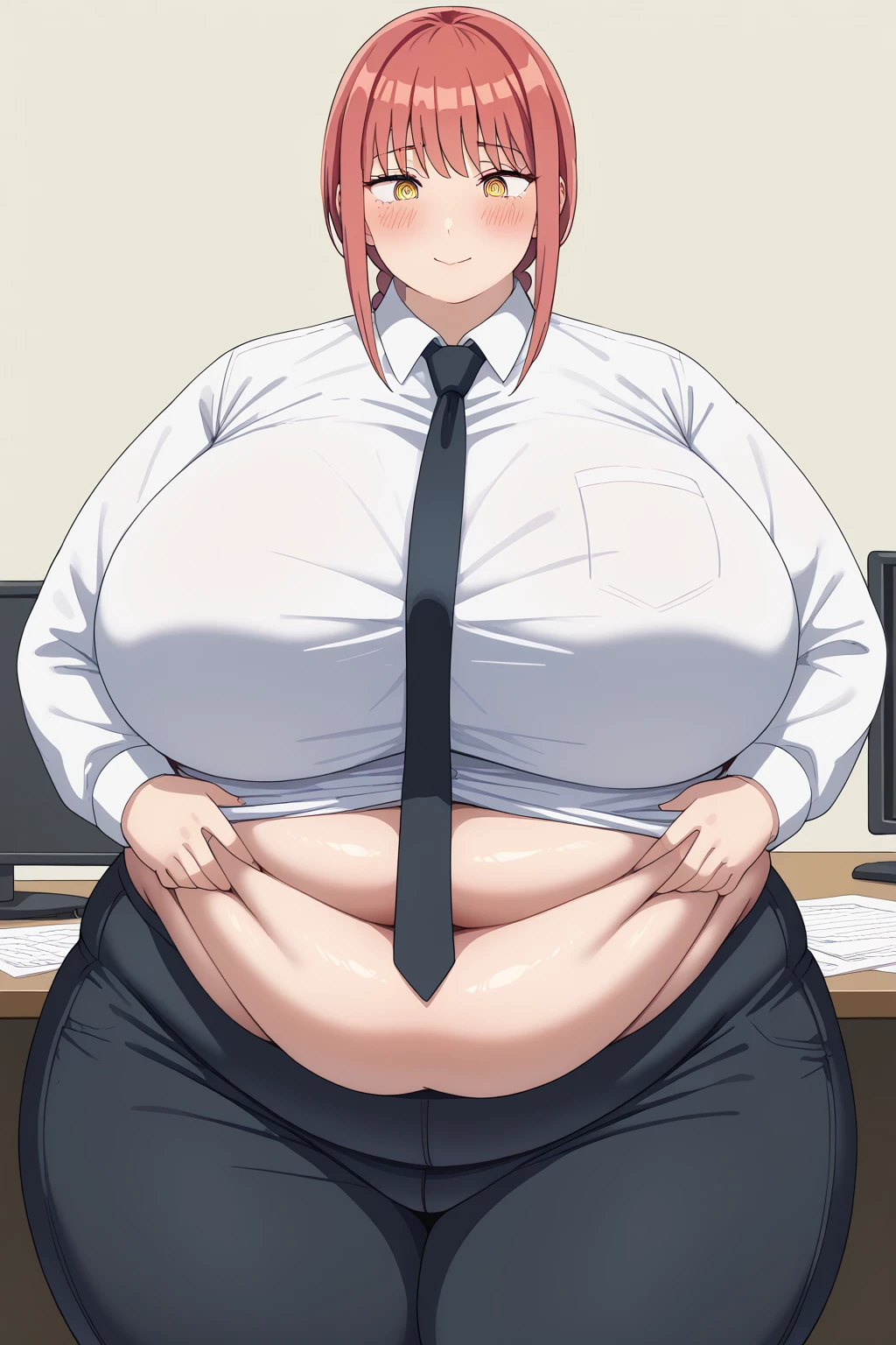 Makima, Makima,  long hair、bangs、 shirt、 Long Sleeve , yellow eyes, white  shirt、 braided 、 thighs、Red Hair、 ties, collared  shirt、 black pants 、black  ties,bloated belly,(hanging breasts,sagging breasts), company office, troubled expression,blush,Obese middle-aged woman,Severe obesity, Fat face, ssBBW,weight 250kg, score_9,  score_8_ up、 score_7_ up、 score_6_ up、 score_5_ up、 score_4_ up、 Masterpiece、 best quality , A beautiful woman with an obese figure,  absurd、 source_Anime, Anime screencap,  one woman、Alone、 personal  、Super huge breasts, Super huge クレビス、Super huge, Super huge boob, curved、 Wide Hips 、 cowboy shot 