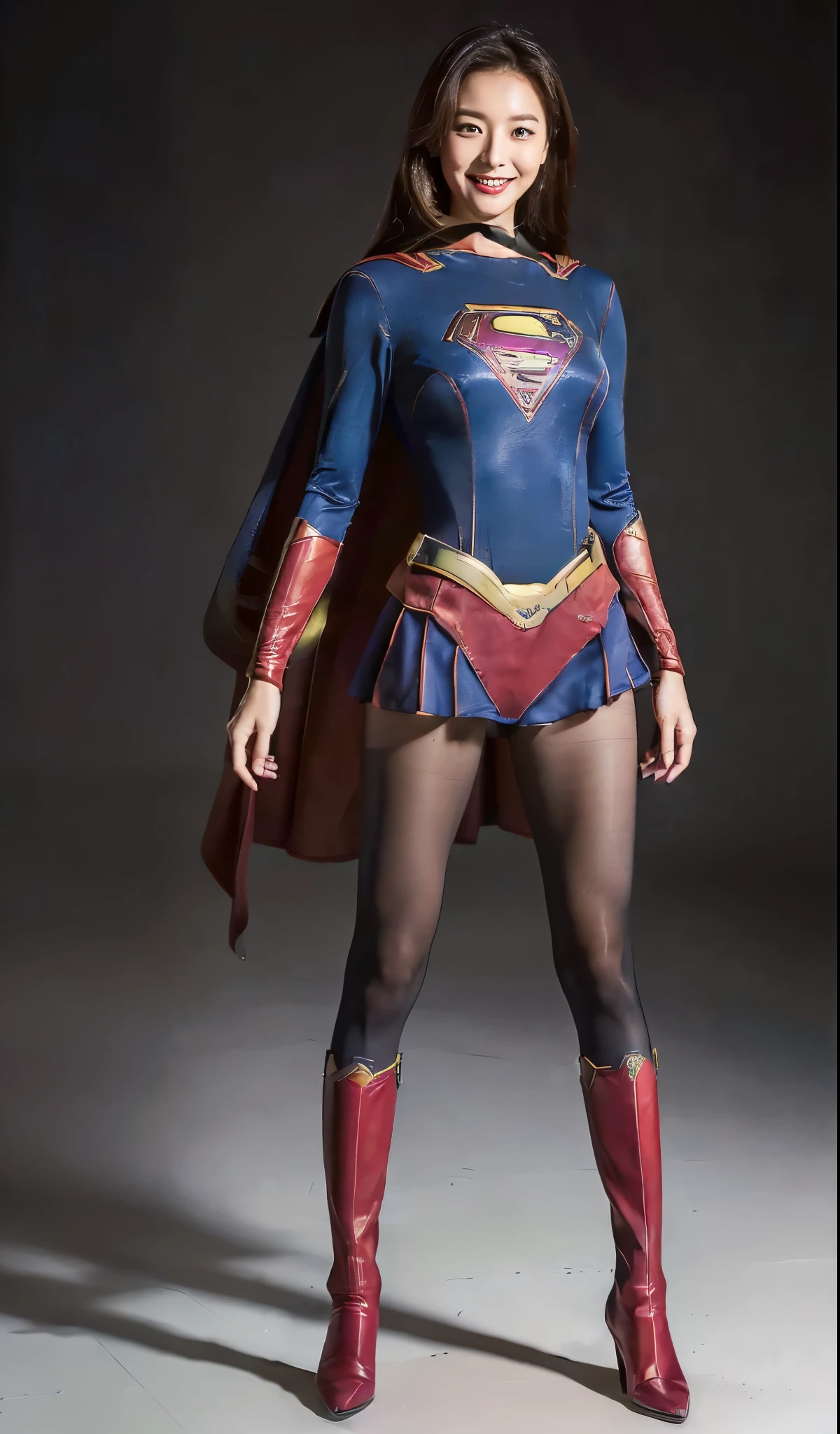 background 、((( Depicting beautiful legs in black tights .)))、((( Legally express the beauty of your smile )))、(((( Make the most of your own original image )))、((( Supergirl Costume )))、(((ボディにフィットした Supergirl Costume )))、(((Beautiful Hair)))、(((SMILE AND WINK )))、(((Please wear black tights....、Wear red boots)))、(( best quality、8k))、(( best quality、8k、masterpiece:1.3))、(((Save the background )))、 Strong concentration:1.2、 Beautiful woman with perfect figure sitting on tatami mat in traditional Japanese room :1.4、 slim abs :1.2、 wet body:1.5、 high-resolution face and skin texture 、8k