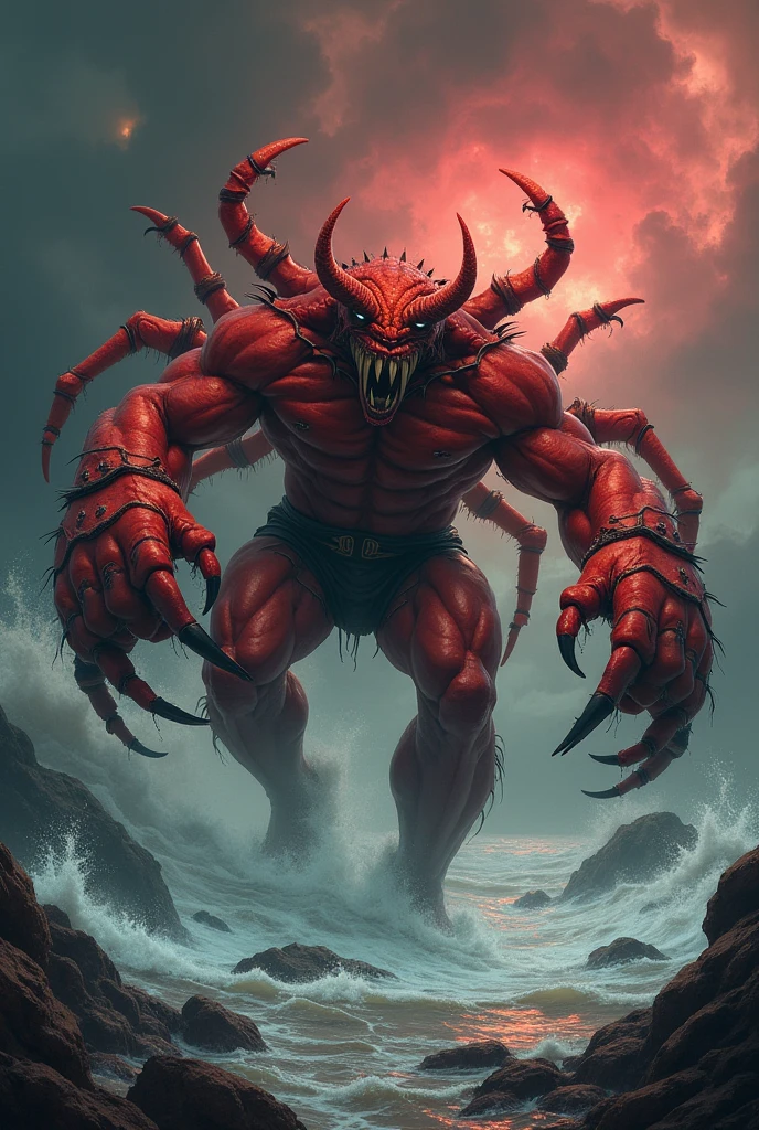 A red, male dragon-like creature lounges on a beach, boasting formidable scales, sharp claws, and a menacing visage. Its muscular physique is evident, sculpted arms, legs, and torso on display. Clad in black shorts, he faces a crashing ocean wave, framed by verdant hills under a cloudy sky And he has a big dick