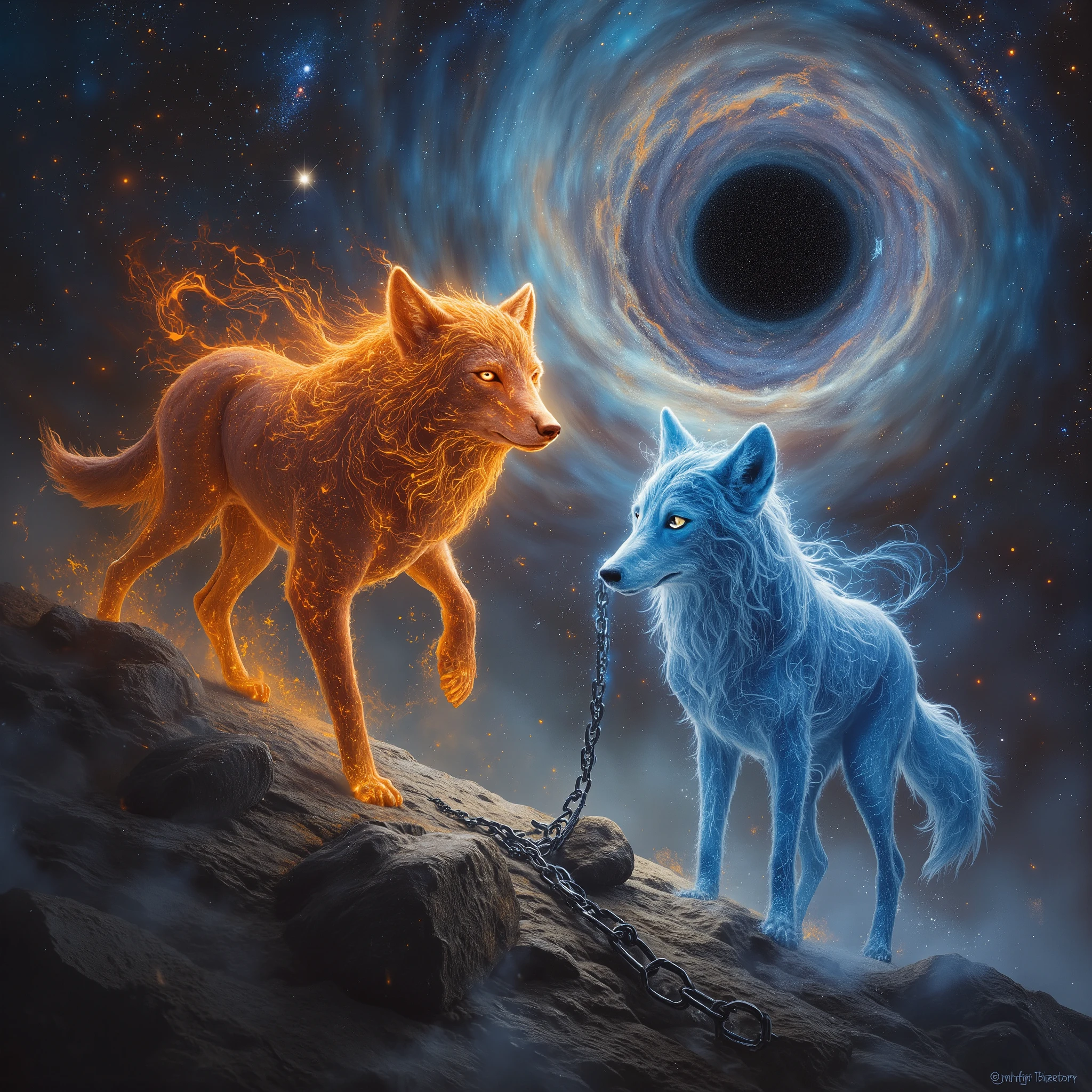 Space, Ethereal Wolves from Cosmos, Andromeda Nebula, Black Hole, Fire, Fury, Broken Chain, Ragnarok