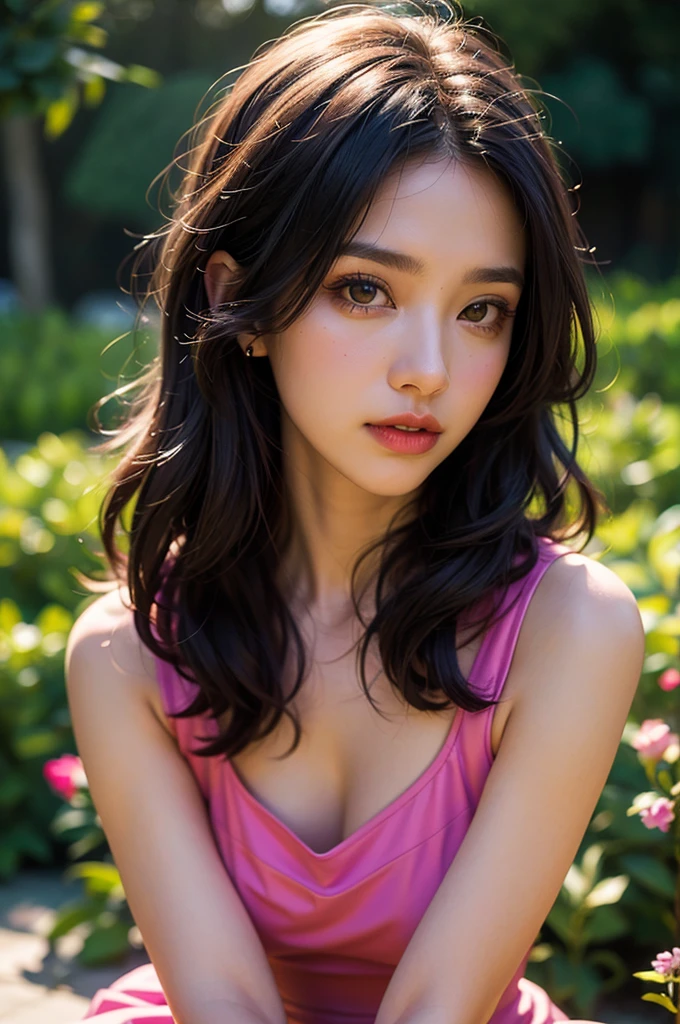 tiktok photo of 37 years old woman, closeup, RAW, masterpiece, realistic, hyper realistic, muted color, film grain, looking at viewer, polo's pastel perfection looking 80s casual soft collars, fascinating, blurry background, garden, high contrast, dark background, wearing Magenta dress flower