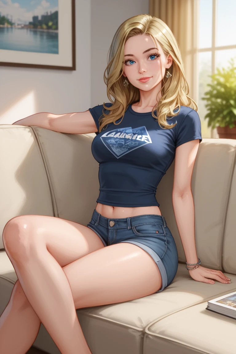 1 normal girl, 4k, HDR,  long hair, ultra cute face, beautiful lights and shadows, ultra detailed, 1girl, Solo, Breasts, Detailed Blue Eyes, Accurate, Casual outfit, Tshirt and jeans, Sitting on couch, Casual 80s living room background, DC Comics, Accurate, Anatomically Correct, Detail, High Quality, Detailed Face, High Resolution, 80s sitcom, Rachel Green, Jennifer Aniston