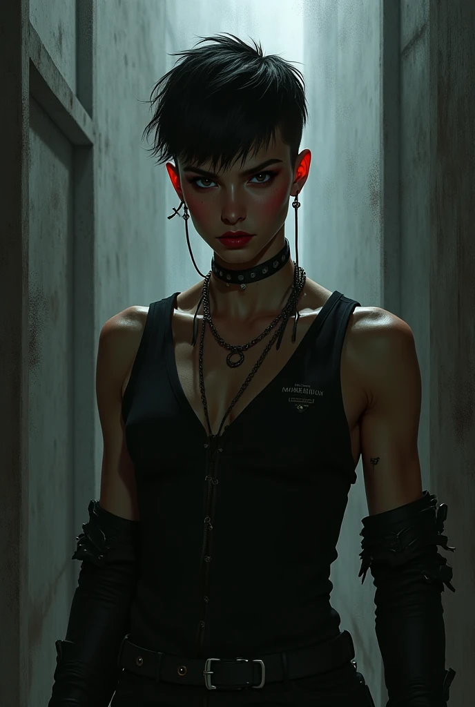 (((Cara Delevingne)), ((sie guckt verliebt)), ((she has round breasts)), (she wears a black leather dress), ((punk)), (kleiner Kopf), ((detailliertes Gesicht)), (fotorealistisch), (Raytracing), (scharfer Fokus), ((natural realistic skin texture)), detaillierte Lippen, (bottom_view)