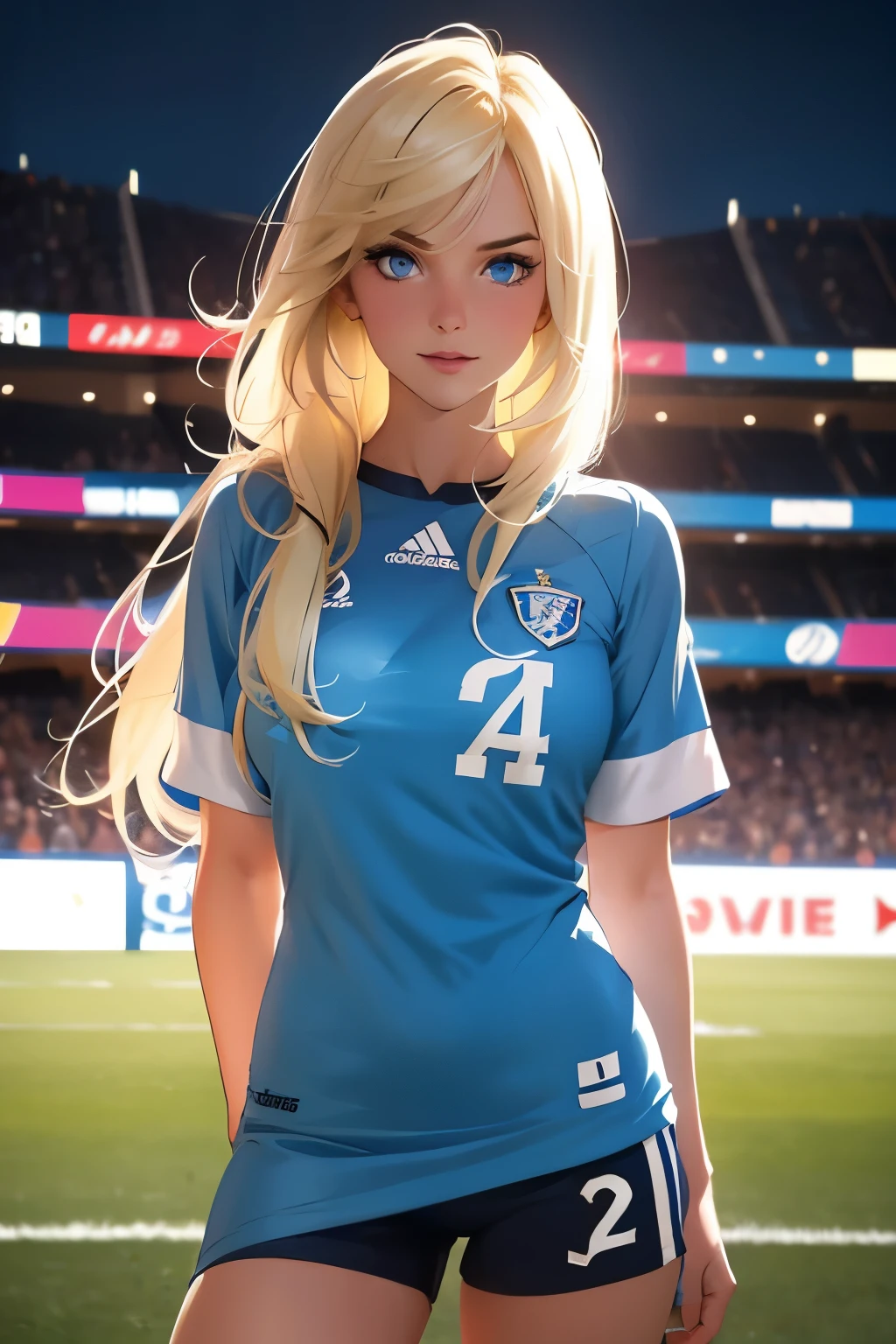 Beautiful young girl . She is 25 years old . blond hair , blue eyes . 1 size . height 175 cm . She's a soccer player . Playing football . Soccer game .