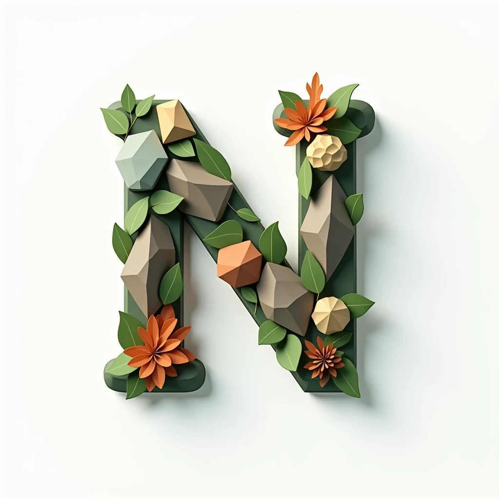 Letter N with low poly art type inside represent Nature, white background