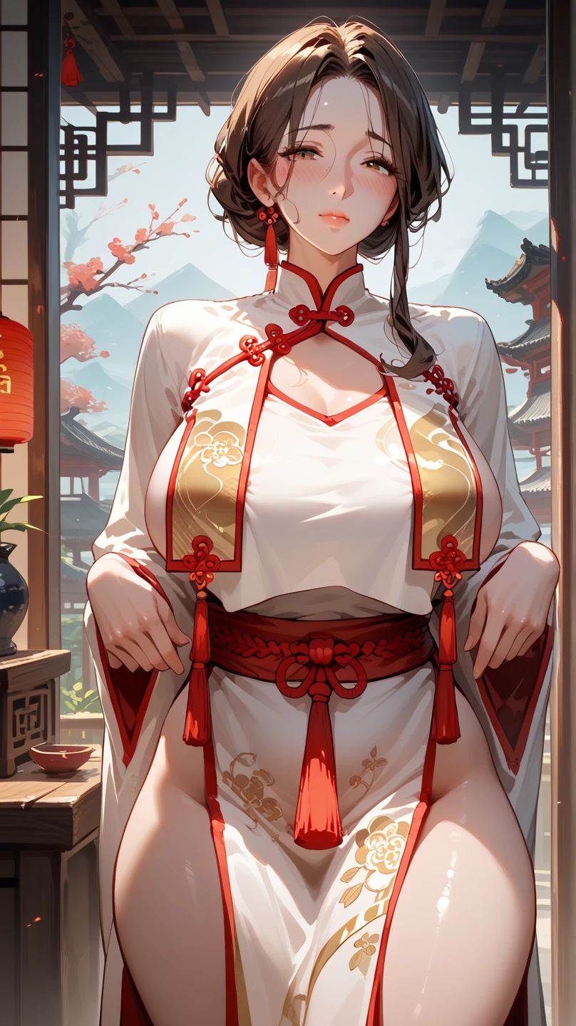 Elegant and intelligent classical Chinese woman, Wear a belly band, Standing at the door with a smile, Her skin is brighter than snow, Her eyes are like pools of clear water. There is a faint book-like atmosphere.