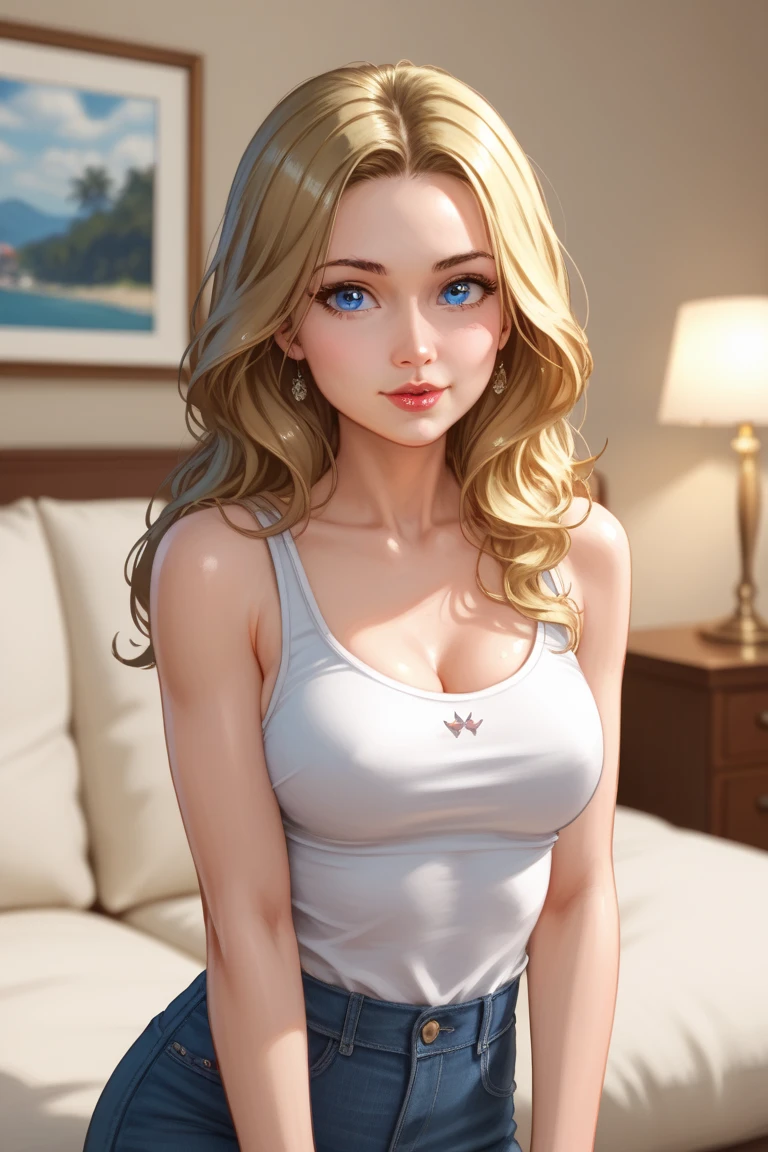 1 normal girl, 4k, HDR,  long hair, ultra cute face, beautiful lights and shadows, ultra detailed, 1girl, Solo, Breasts, Detailed Blue Eyes, Accurate, Casual outfit, 80s living room background, DC Comics, Accurate, Anatomically Correct, Detail, High Quality, Detailed Face, High Resolution, 80s sitcom, Rachel Green, Jennifer Aniston